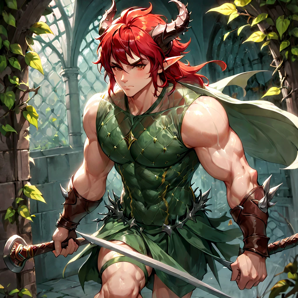 A short being with green skin and hair as red as fire. He wears a leather thong and a pair of brown leather boots. His eyes sparkle with a wild glow and he always carries a bow and arrows made of branches and leaves in the style of anime