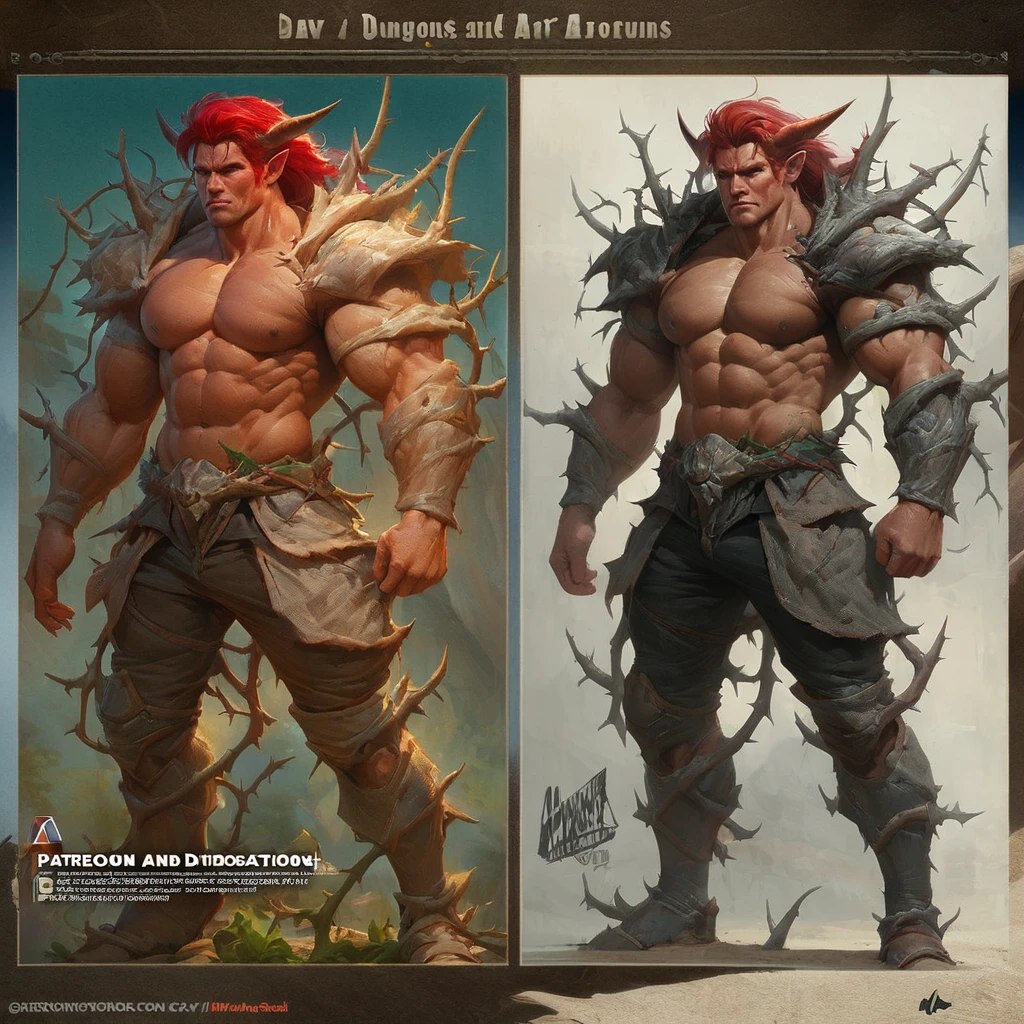 Dungeons & Dragons, aesthetic, dungeons and dragons, Character design sheet of male half elf horned warrior, bodybuilder physique, red hair, 4k, concept art, in nets of thorns, extreme detail, detailed drawing, trending artstation, hd, sport, d & d, realistic lighting, by Alphonse Mucha, Greg Rutkowski, sharp focus, backlit, soldier clothing
