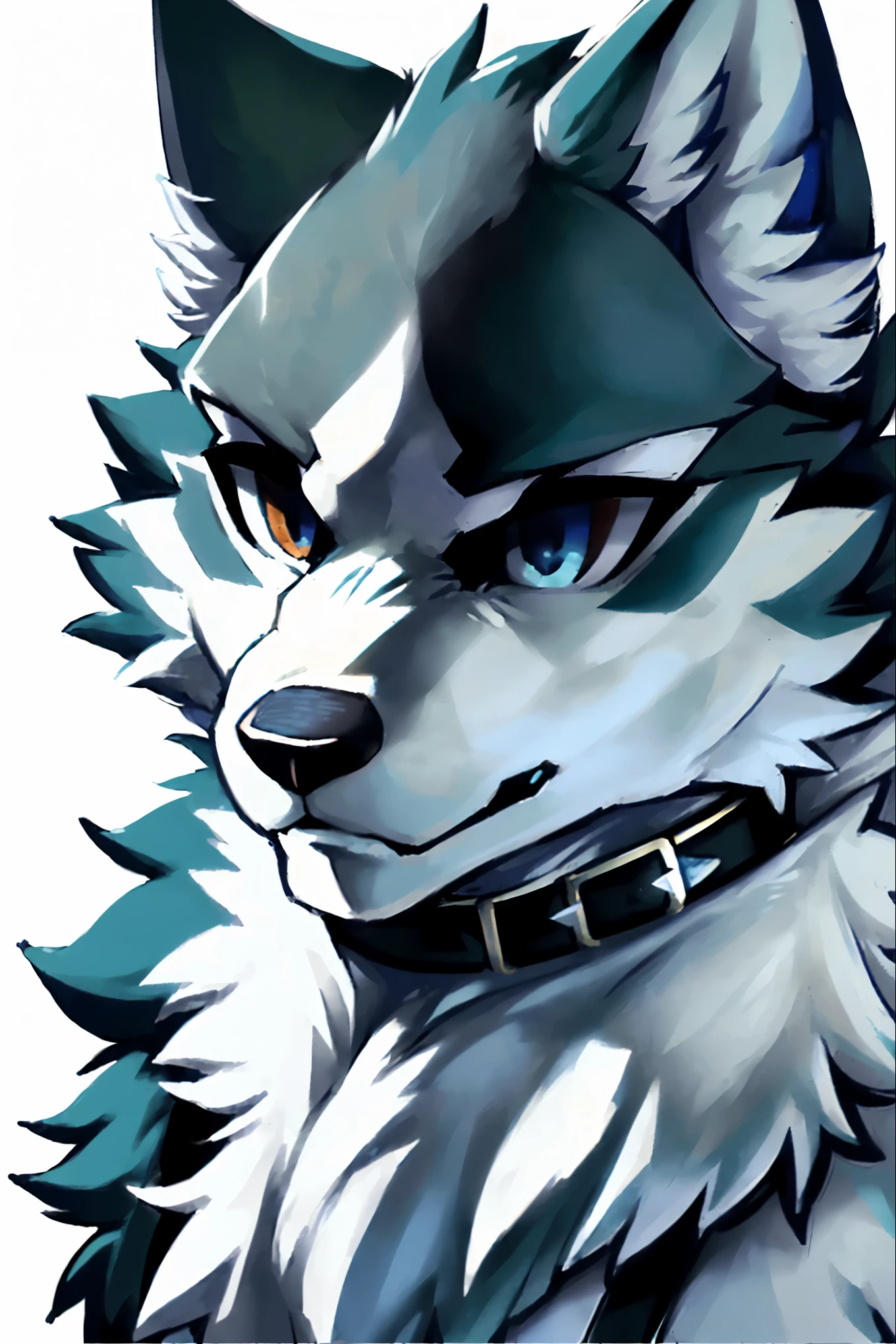 [by wizzikt], [by zackary911], furry, ((Shirou Ogami)\(Brand New Animal):1.9), (wolf), (cian blue and white fur:1.7),(male:1.9), fluffy, beautifull, detailed marks, bright color, (face portrait:1.7), (realistic:1.7), sharp focus, vivid colours, verry artistic