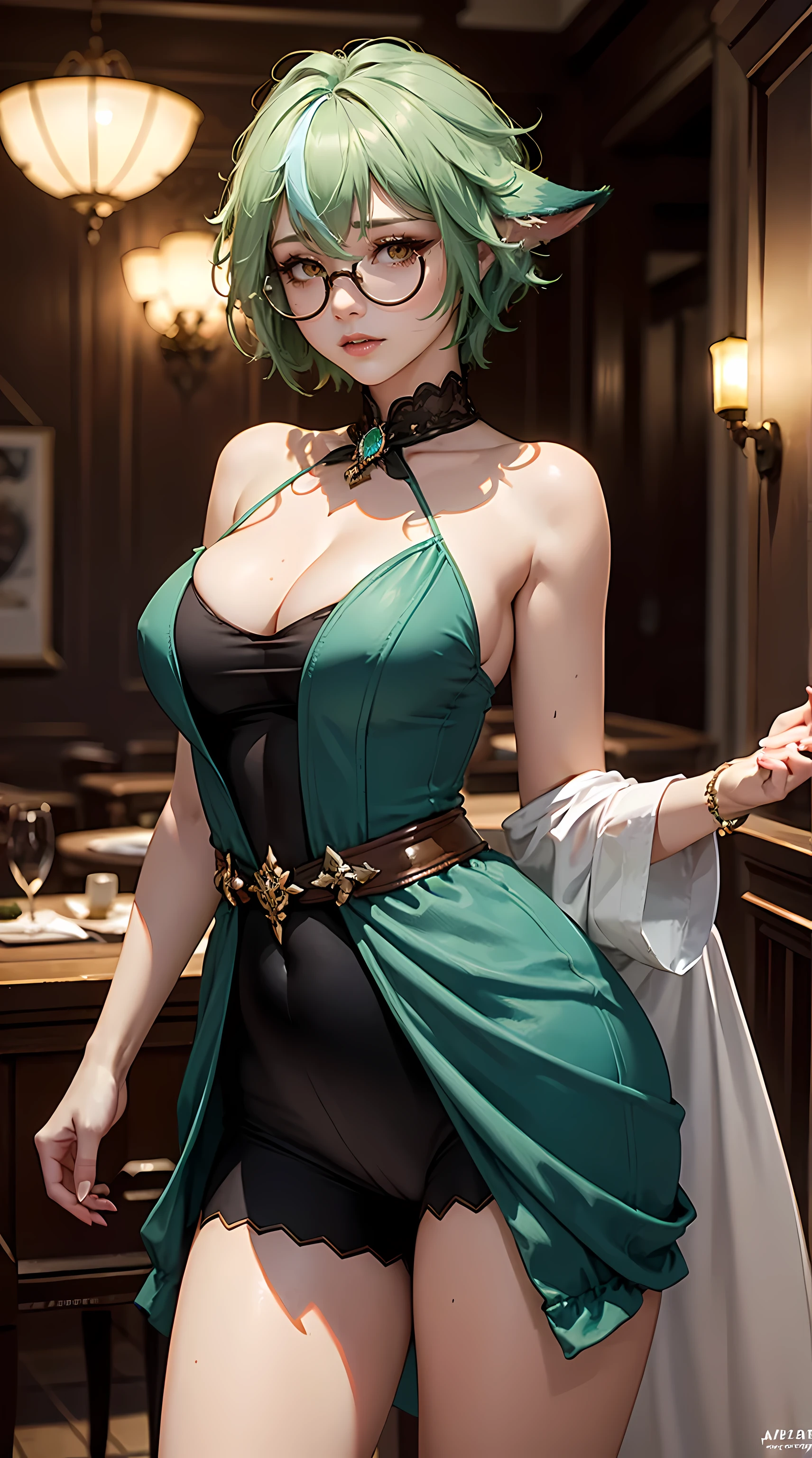 Beautiful short green hair woman is shown to have a slender figure. She is wearing a  beautiful NSFW dress, jewelry, she has yellowish ornage eyes, wearing glasses, Girl standing in a gala ballroom, sexy session, putting her hands on her waist, downed fox ears, poseing, exposed cleavage, cowboy shot, superior quality, many details, realistic