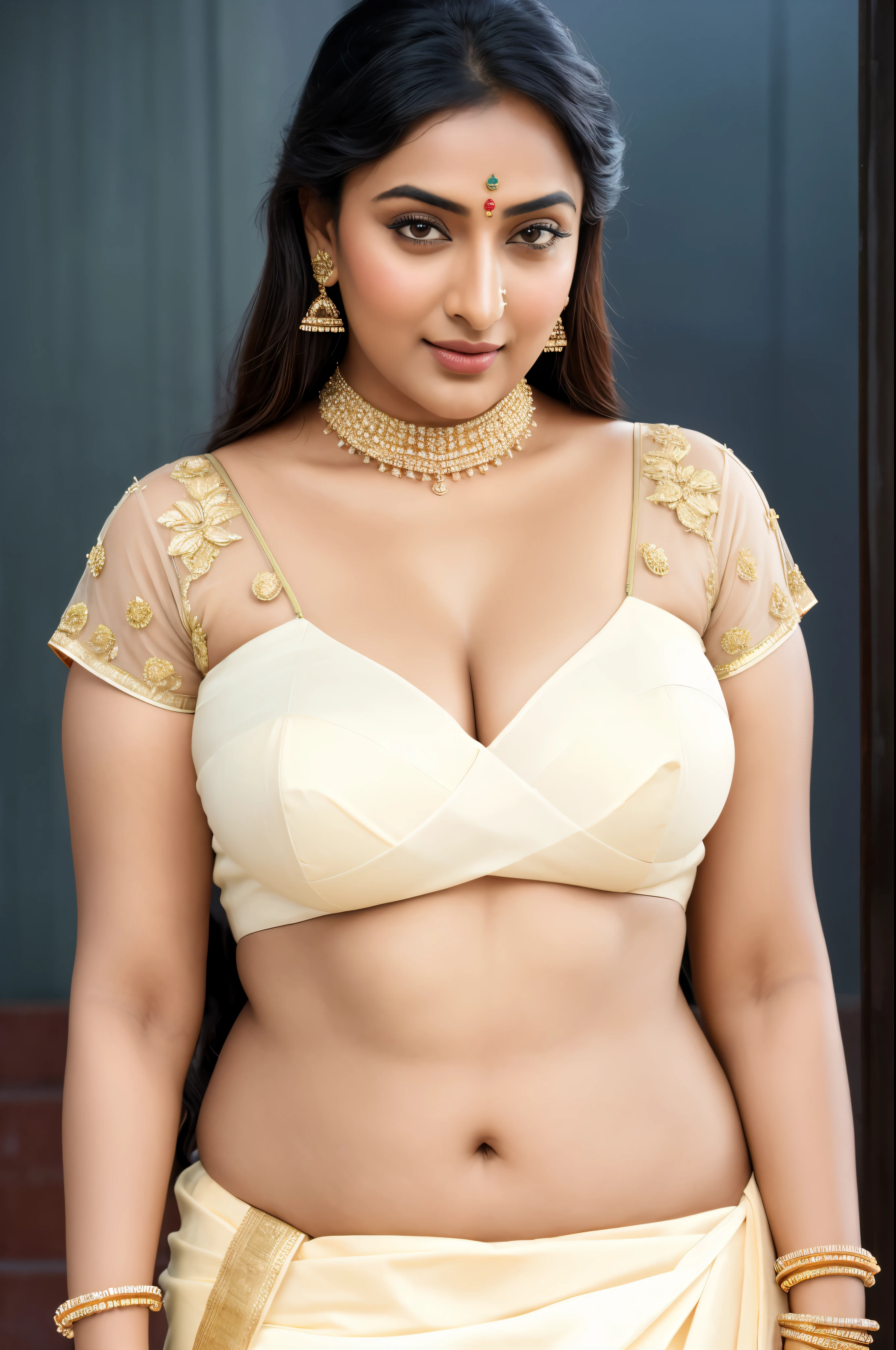 Foto RAW, photorealistic, photography, full body shot, master shot, perfect eyes, goddess like beauty, pierced eyes, perfect thick chubby mallu Desi aunty bhabhi, Wearing a Stanapatta, a chest-band.Saree model, model Photography, Indian saree shoot, Indian traditional wear advertising photography, traditional wear brand shoot, face of Indian actress Sonakshi Sinha, masterpiece, realistic, realism, incredible details,  pleasure, photorealism, detailed skin, skin pores, high contrast, photorealistic Artstation 8k HD digital art trend of high definition and detailed realistic skin texture, ultra detail, realistic skin texture, armature, best quality, ultra high definition, (photorealistic:1.4),, high resolution, detail, raw photo, sweat, Re sharp, by Lee Jefferies Nikon D850 Film Stock Photo 4 Kodak Portra 400 Camera F1.6 Lens Rich Color Ultra Real Realistic Realistic Textures Dramatic Lighting Unreal Engine Trending at Art Station Cinestill 800,(pele altamente detalhada: 1.2), 8k UHD, DSLR, soft-lighting, alta qualidade, grain of film, Fujifilm XT3,she didn't like to wear blouse or bra, she is happy to wear only saree, she hates blouse or bra, detailed hairy armpits,