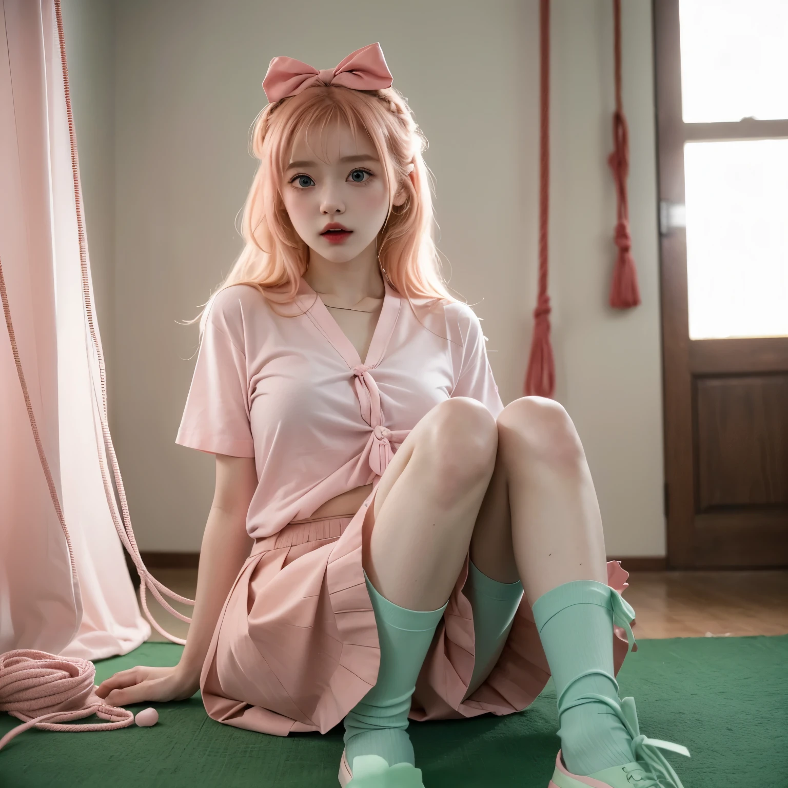 (In Anime) a young girl in a pink shirt with two black buttons, a red bow in her hair, wears a short light blue skirt, and black shoes. She has strawberry blonde hair and big green eyes. tied up with ropes legs wide open T-shirt ripped open (being used as a fuck toy)