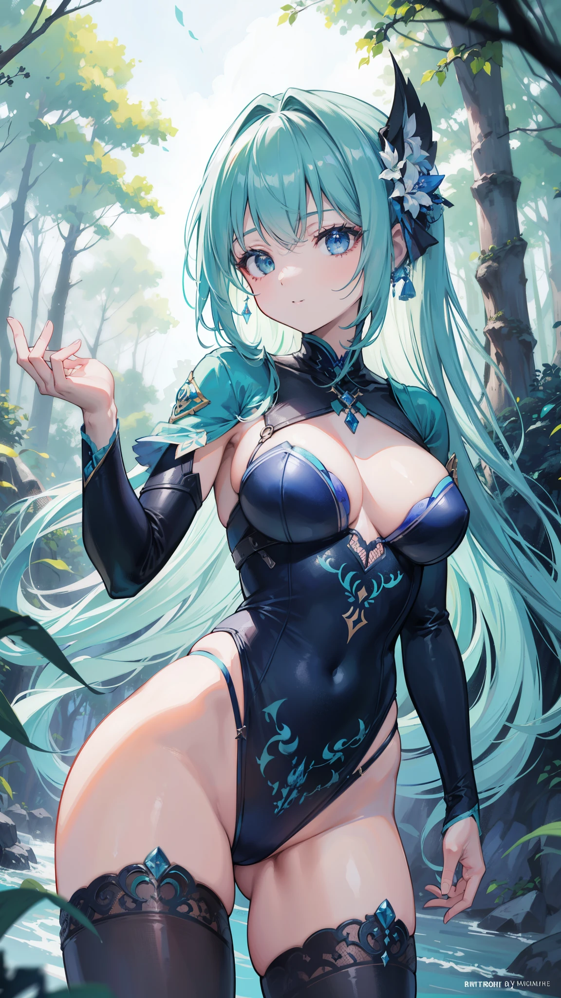 32k, best quality, ultra high res, HDR, UHD, extremely detailed CG, unity 32k wallpaper, happy girl, in the center, looking at camera, approaching perfection, dynamic, (with shades of blue ((forest green 1.5)))), very detailed, digital painting, artステーション, コンセプトart, Smooth, sharp focus, figure, art:Carne Griffith and Vadim Kashin, detailed face, 4k