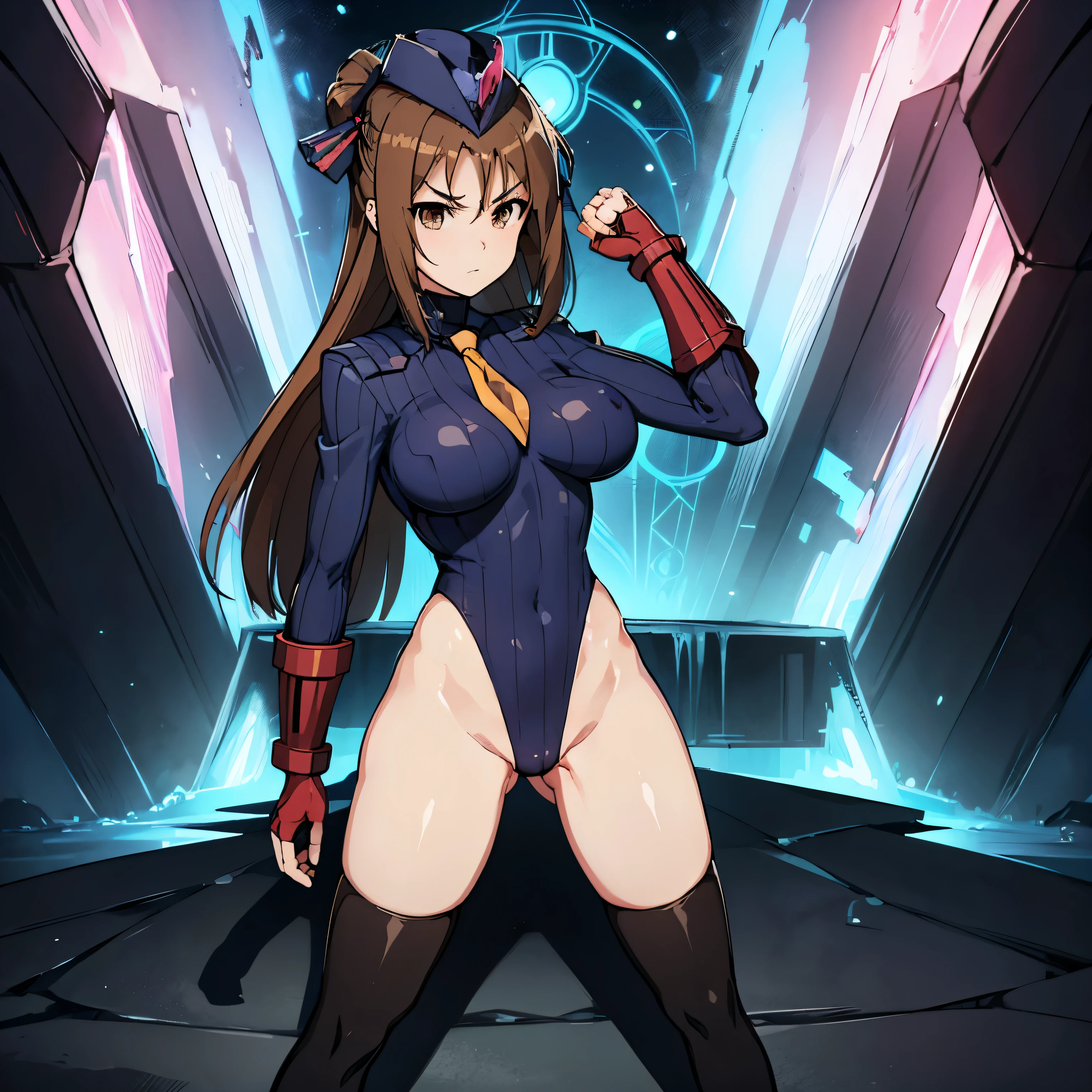 hat, necktie, gloves, ribbed bodysuit, expressionless, blank eyes, looking at viewer, corruption, mind control, female combatant, full body, hypnotized, unhappy trance, full body, obey, perfect female body, hypnosis, hypnoLora, empty eyes, Mind control device, poses, submissive_pose, Slave, standing straight, standing, standing at attention, Fighting Stance, extending the right arm from the shoulder into the air with a straightened hand, (((pixel-perfect, detail-perfect))), solo, 1girl, hair ornaments, ZChan, brown hair, brown eyes, large breast, huge breast