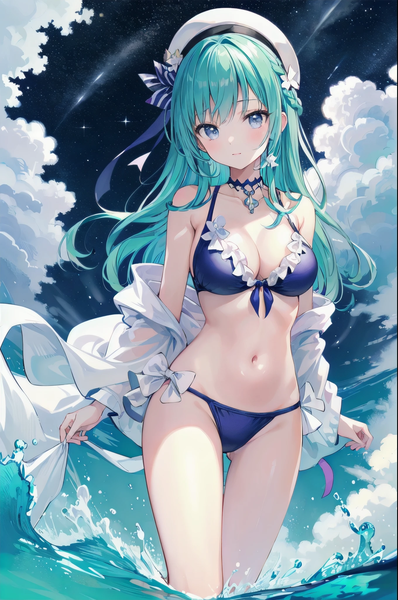 （masterpiece）、(highest quality)、((Super detailed))、(super delicate)、pastel colored hair、beautiful breasts、Erotic separate swimsuit、Sea of night、fantastic starry sky