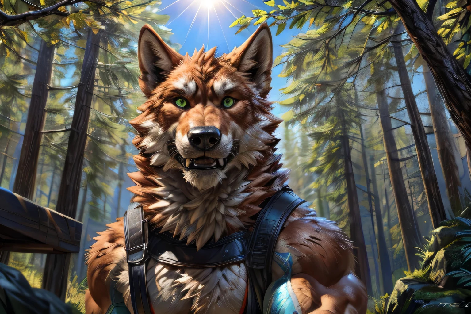 muscular feral:1.2 werewolf, posing for the camera. 4k, high resolution, best quality, perfect colors, perfect shadows, perfect lighting, posted on e621, orange furry body, orange fur, white chest, black beard, feral wolf, werewolf, solo, male, adult, green eyes, realistic eyes, looking at camera, masculine, (muscular, dense build:1.4, muscular shoulders, strong pecs), correct anatomy, dad body, (photorealistic fur, detailed fur, epic, masterpiece:1.2), (detailed forest, jogging, sunshine:1.2), sexy shadows, (by echin, by Taran Fiddler, by takemoto arashi, by Traver009, by Juiceps), (detailed eyes:1.2), impressive physique, struggling, bothered face, exhausted, detailed eyes, looking at camera, (close-up):1