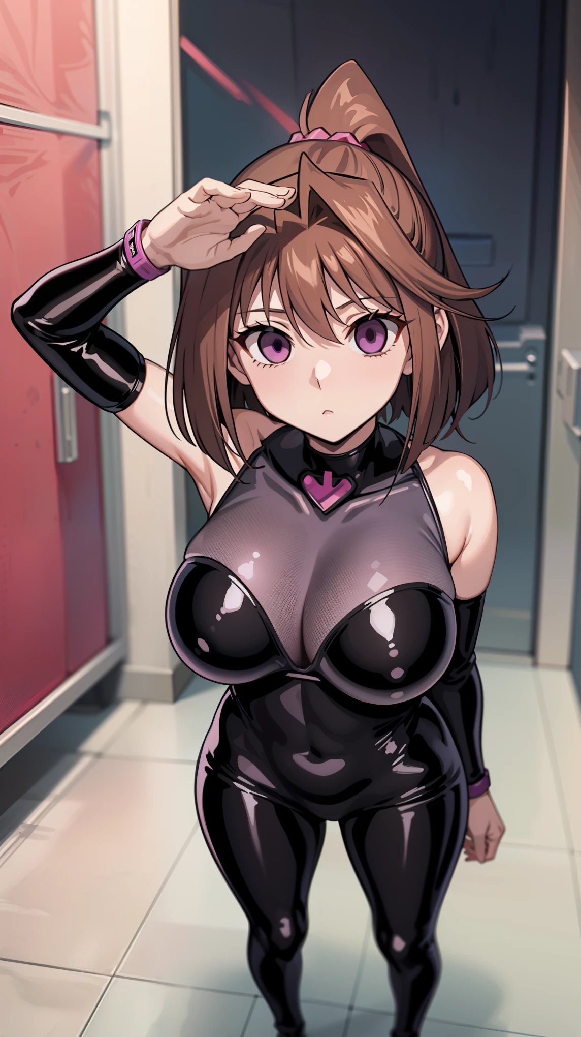 1 girl,NSFW, Kyoko Masaki,(Yu-Gi-Oh),AnzuDef,short hair, brown hair, hair ornament, high ponytail, ponytail,huge breasts, clavicle, Glowing purple eyes,absurd, brainwashing,empty eyes, ((No expression,erasure of emotions)), (black latex tight bodysuit),look away , full body figure,((stand up, salute)), (highest quality、4k、8K、High resolution、must have:1.2)、Super detailed、(reality、reality的なです、reality的な:1.37)、ticker、hyper hd、studio lighting、ultra definition paint、sharp focus、Physically based rendering、extreme details、Professional specifications、vibrancy and color、blurry、sports portrait、landscape、horror style、anime big breast、SF、photograph、concept artist、five fingers, perfect body,  {{{masterpiece}}}, {{{highest quality}}}, {{Super detailed}}, {shape}, {{very delicate and beautiful}},Improved cost performance、all roles、Canon 5D MK4でphotograph、photograph, 