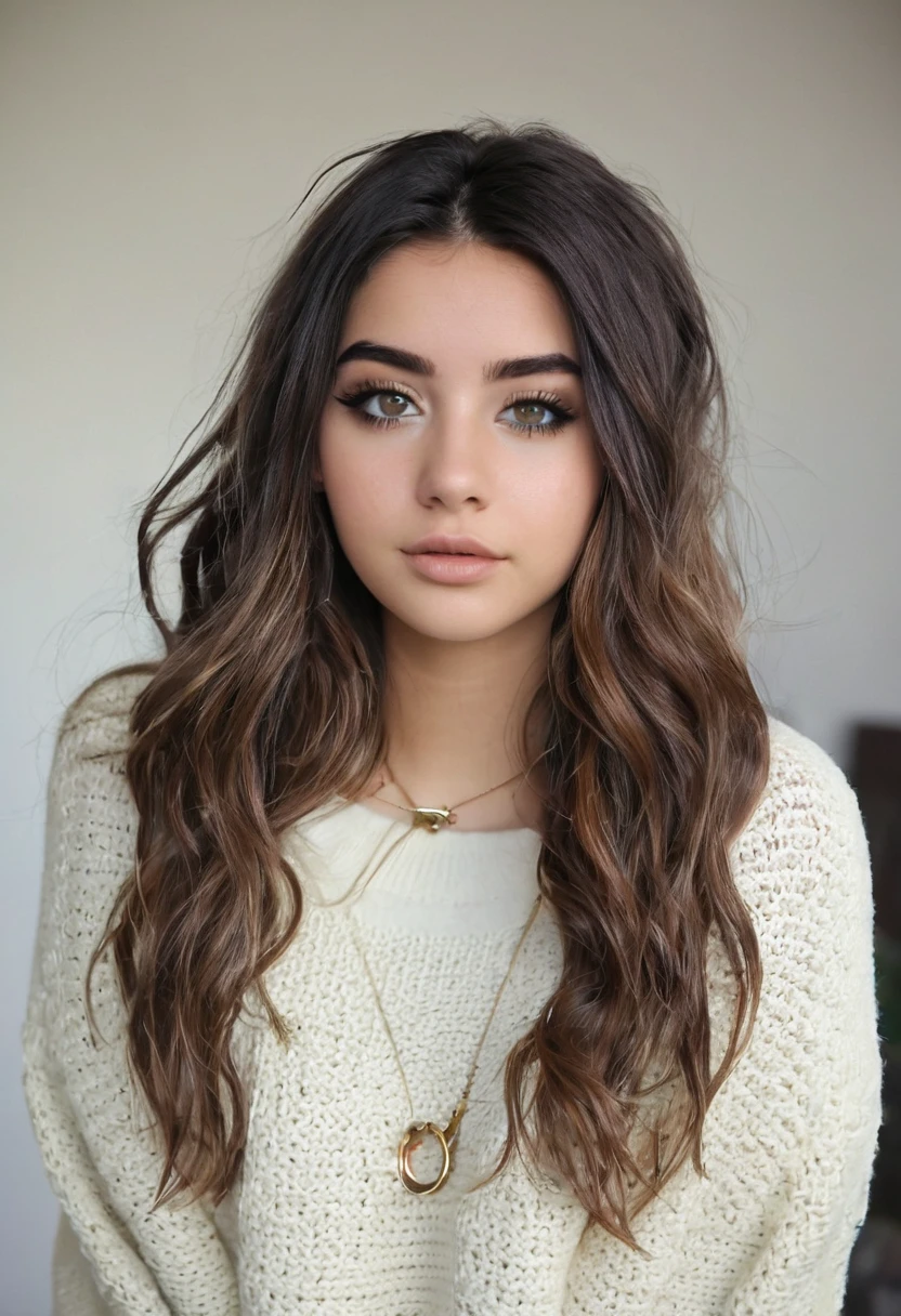 1 garota em, 21 anos, Sozinho, cabelo longo, Colossal , olhando para o espectador, cabelo loiro, Ombros nus, olhos castanhos, jewelry, corpo todo, um colar, fora dos ombros, Sweaters, realista, Uma sexy