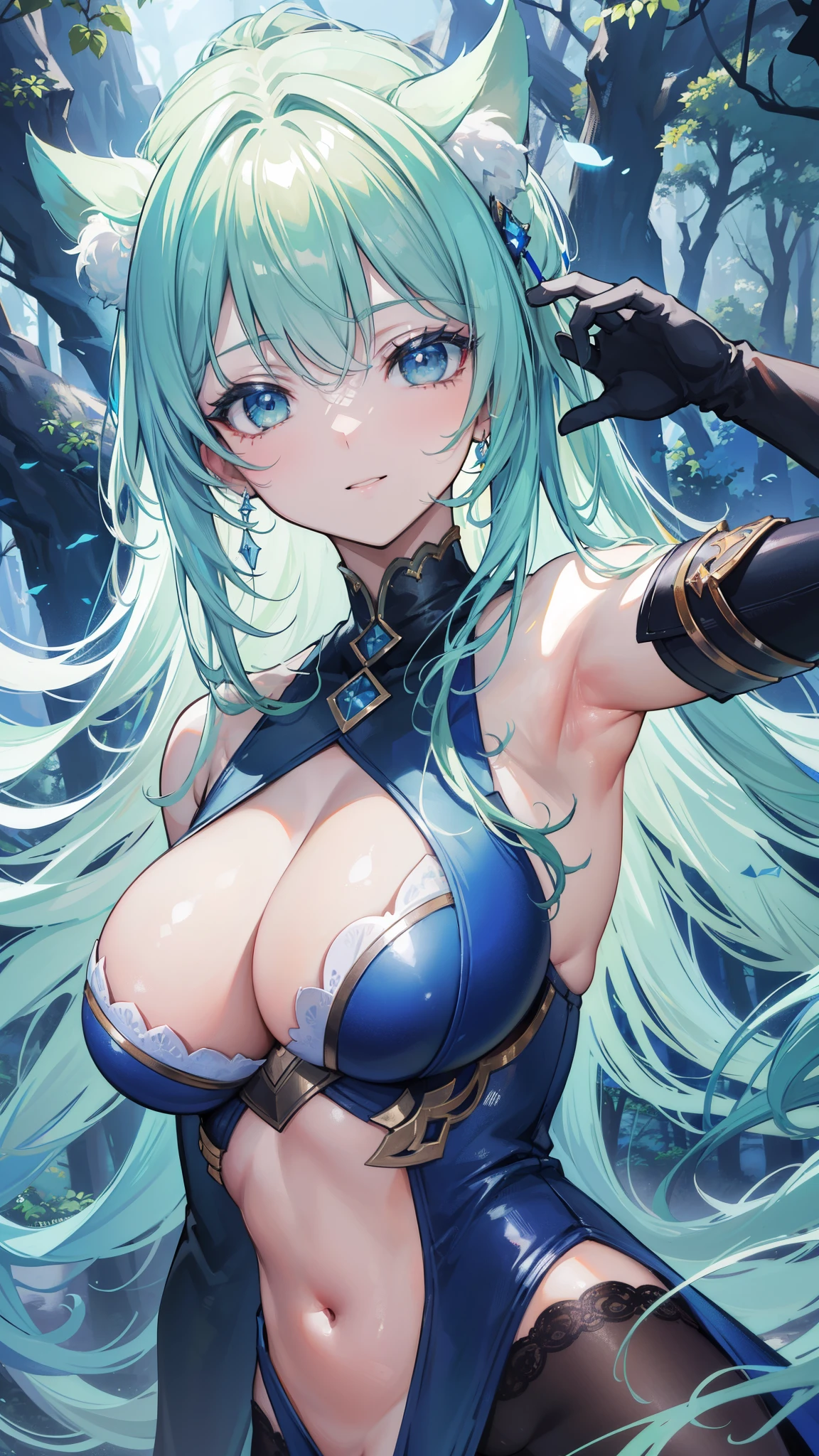 32k, best quality, ultra high res, HDR, UHD, extremely detailed CG, unity 32k wallpaper, happy girl, in the center, looking at camera, approaching perfection, dynamic, (with shades of blue ((forest green 1.5)))), very detailed, digital painting, artステーション, コンセプトart, Smooth, sharp focus, figure, art:Carne Griffith and Vadim Kashin, detailed face, 4k