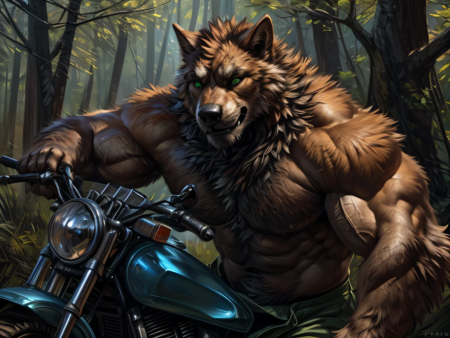 Werewolf, black body fur, orange body fur, bitone, black beard, green eyes, realistic eyes, posted on e621, furry body, anthro body, anthro werewolf, claws on hands, werewolf, solo, male, adult, masculine, (very muscular, large muscles, buff:1.2), correct anatomy, (photorealistic fur, detailed fur, epic, masterpiece:1.2), green short pants, in the forest, sitted in a motorcycle, double purpose motorcycle, all terrain motorcycle, sexy shadows, (by echin, by Taran Fiddler, by Juiceps, by Rukis), (detailed eyes:1.2), impressive physique, strong pose, proud, flexing biceps with one arm, seductive face, looking at camera