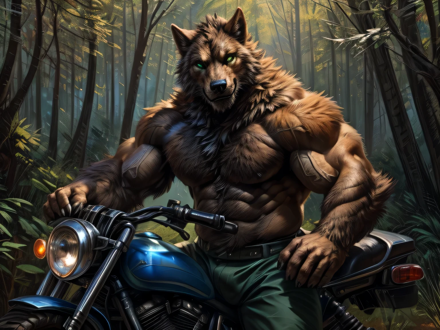 Werewolf, black body fur, orange body fur, bitone, black beard, green eyes, realistic eyes, posted on e621, furry body, anthro body, anthro werewolf, claws on hands, werewolf, solo, male, adult, masculine, (very muscular, large muscles, buff:1.2), correct anatomy, (photorealistic fur, detailed fur, epic, masterpiece:1.2), green short pants, in the forest, sitted in a motorcycle, double purpose motorcycle, all terrain motorcycle, sexy shadows, (by echin, by Taran Fiddler, by Juiceps, by Rukis), (detailed eyes:1.2), impressive physique, strong pose, proud, flexing biceps with one arm, seductive face, looking at camera