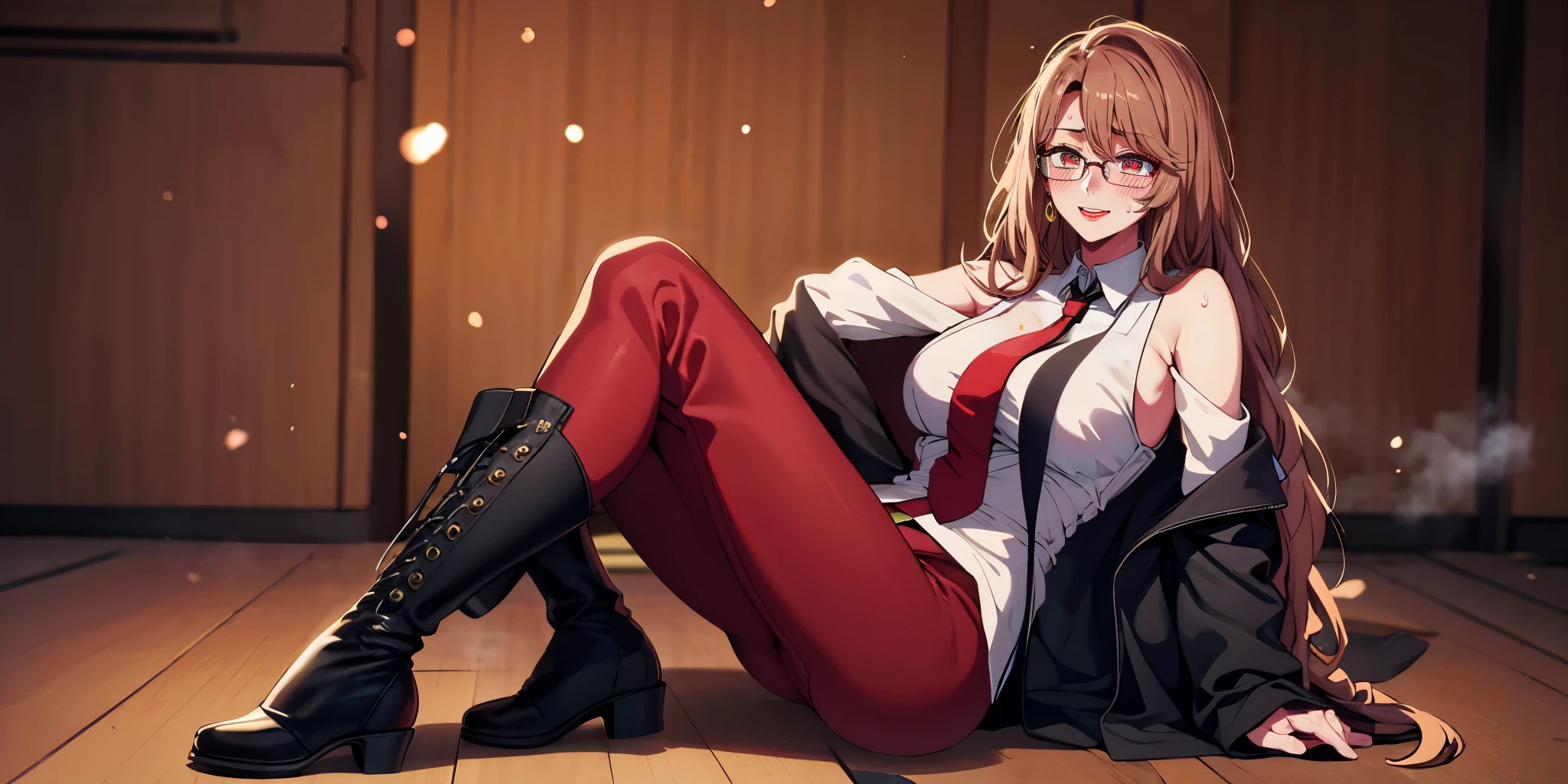 brown hair, long hair, eft_oshi_step, bangs, maroon eyes, curvy, anatomically correct, heavy breathing, 1girl, glasses, black_footwear, boots, breasts, necktie, light_particles, solo, bare_shoulders, semi-rimless_eyewear, sitting, indoors, looking_at_viewer, high_heel_boots, high_heels, black-framed_eyewear, hollow eyes, bright pupils, sweating, heavy breathing, steaming face, maroon eyes, seductiv smile, blush, lazy eyes, "Photorealistic, Hyperrealistic, Hyperdetailed, analog style, soft lighting, subsurface scattering, realistic, heavy shadow, masterpiece, best quality, ultra realistic, 8k, golden ratio, Intricate, High Detail, film photography, soft focus", sweating, steaming body, fog,