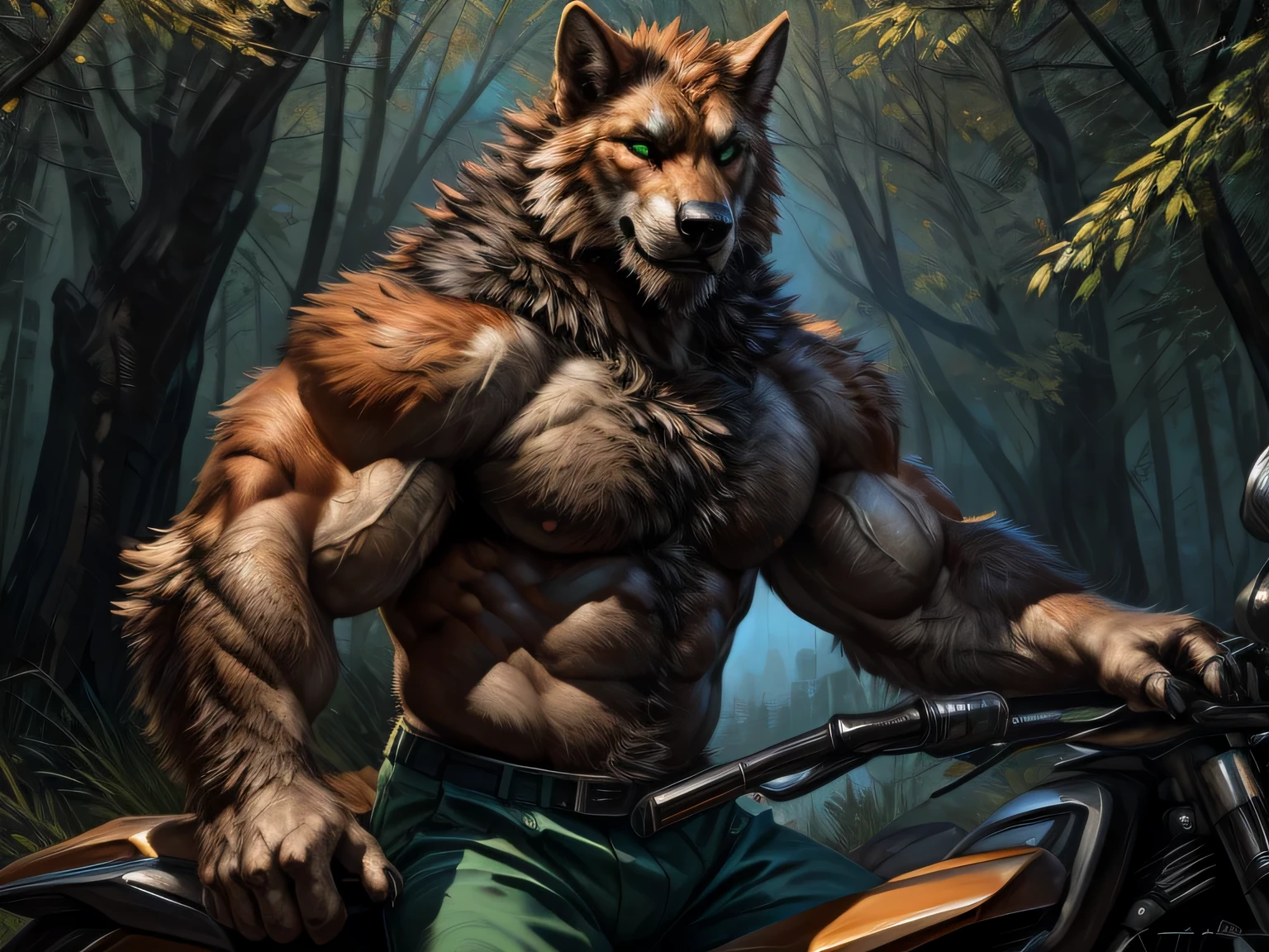 Werewolf, black fur, orange fur, bitone, white chest fur, black beard, green eyes, realistic eyes, posted on e621, furry body, anthro body, anthro werewolf, claws on hands, werewolf, solo, male, adult, masculine, (very muscular, large muscles, buff:1.2), correct anatomy, (photorealistic fur, detailed fur, epic, masterpiece:1.2), green short pants, in the forest, sitted in a motorcycle, double purpose motorcycle, all terrain motorcycle, sexy shadows, (by echin, by Taran Fiddler, by Juiceps, by Rukis), (detailed eyes:1.2), impressive physique, strong pose, proud, flexing biceps with one arm, seductive face, looking at camera