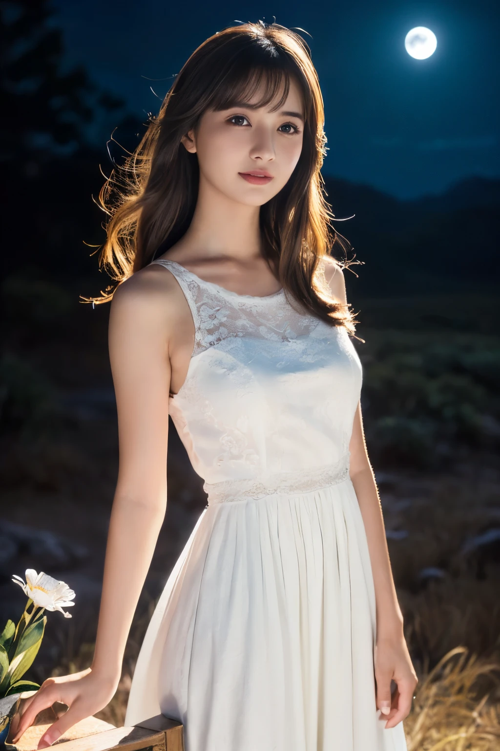 ((table top:1.4, highest quality)), (realistic pictures:1.4),
((1 girl)), (Pure actress), (dream-like),
(超High resolution:1.2), very delicate and beautiful, wonderful, Highly detailed CG Unity 8K wallpaper, Super detailed, High resolution,
soft light, beautiful detailed girl, highly detailed eyes and face, beautifully detailed nose, beautiful and detailed eyes,
(wear a light white dress:1.3),
cinematic lighting, perfect anatomy, slender body, (parted bangs),
(A girl standing on a plateau at night:1.3), (night view:1.3), (A flower blooming in the dark night々the moonlight illuminates), (outdoor), (contrast of light and dark), (fantastic beauty),
cowboy shot, looking at the viewer, smile