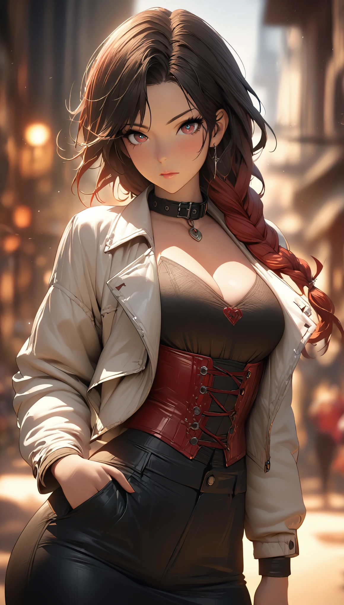 1 girl, Portrait of beautiful lobapex, Athletic, white jacket, corset, skirt, trousers, black hair, Red hair, braid, cosmetic, collar, split, wide hips, Volumetric lighting, best quality, masterpiece, intricate details, Tone mapping, sharp focus, Super detailed, Popular topics on ArtStation, actual  