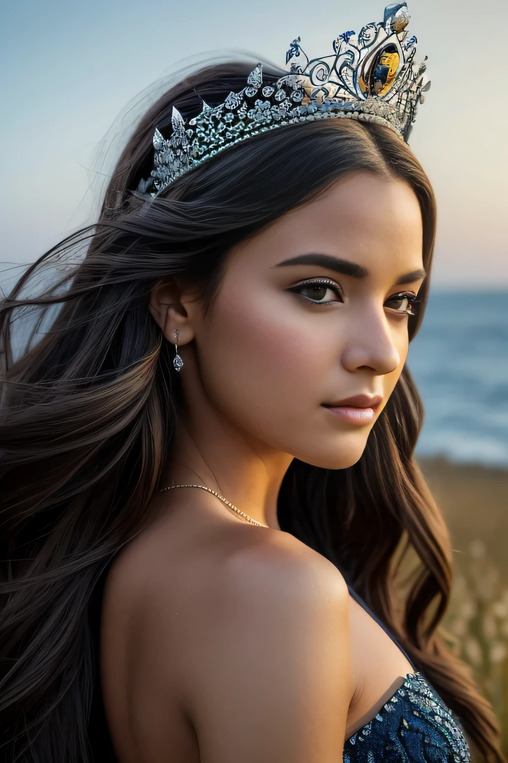 An 8k masterpiece of unparalleled quality, this photo showcases a realistic depiction of a girl standing regally in a field, adorned with a diamond crown atop her head. The composition is reminiscent of the dark and brooding style favored by top designers, with a voluminous mass of hair cascading around her serene face. The details are ultra-detailed, with jagged edges carefully rendered to enhance the navy background. Every aspect of her natural beauty is captured in this photo-realistic, close-up shot, elevating it to a level of photographic excellence rarely seen.