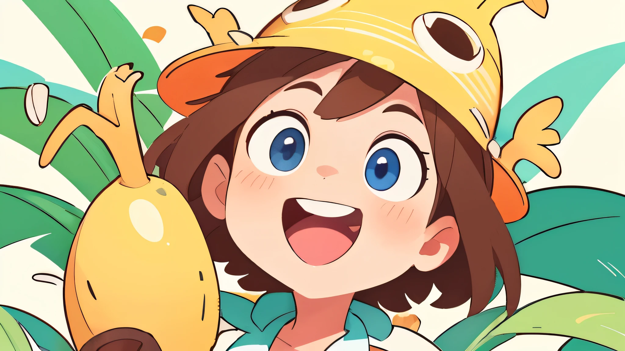 supper happy, banana hat, bananas background pattern, banana tree, yellow background, high detailed, fornite banana costume, shooting, explosion, high contrast, high saturation, guns, bananas, laughing, big eyes, smile, close, close up, front, girly brown hair, blue eyes