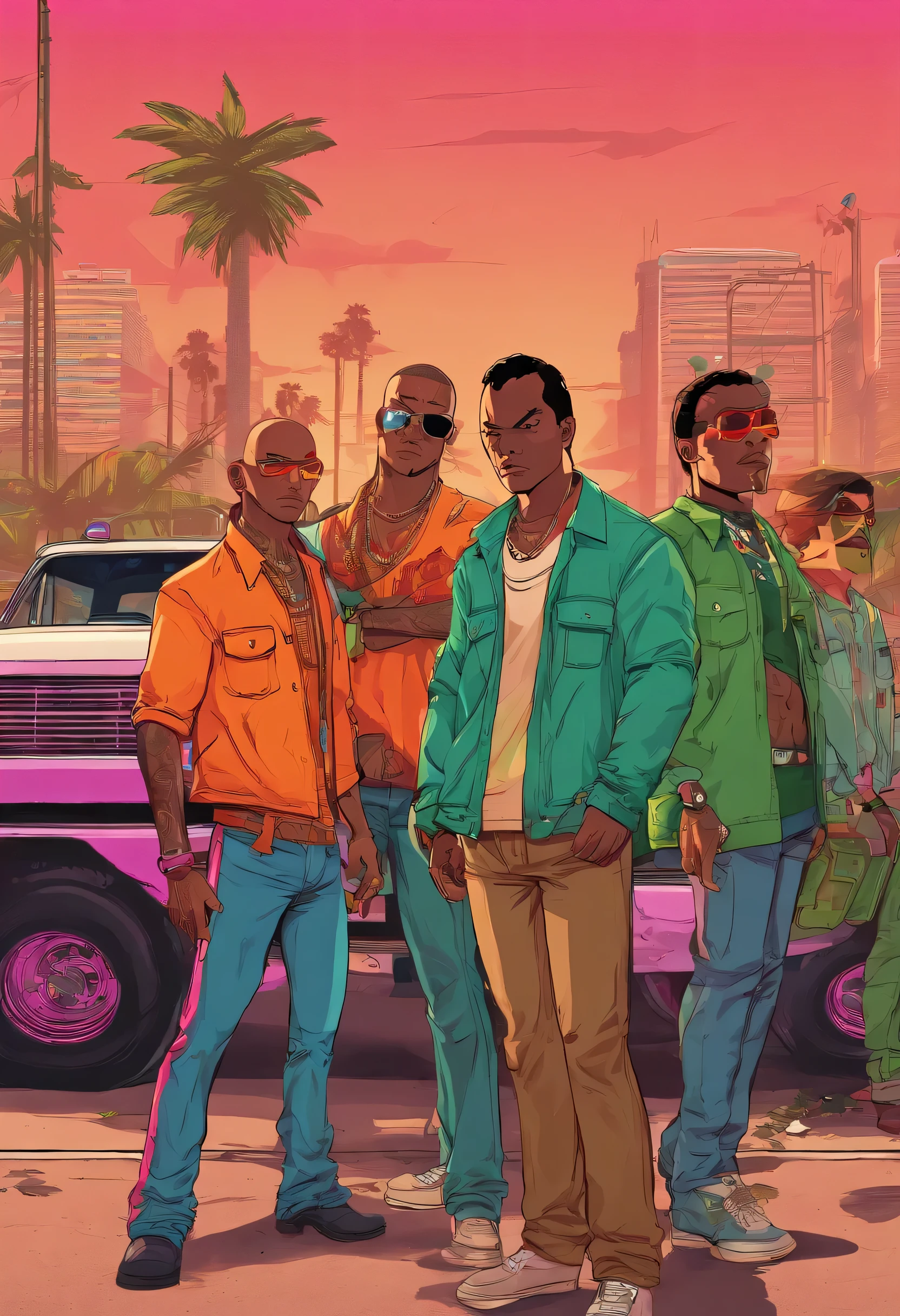 "In the midst of the dark night, four Los Santos gangster youths stand tall at a bustling street intersection. Their bright orange masks stand out amidst the crowd, while their green attire adds an aura of mystery. One among them, sporting a checkered shirt reminiscent of GTA San Andreas or GTA V style, stands out amidst the bustling street scene. Surrounded by neon lights and the roar of vehicles, they plot their next move in the unforgiving criminal life of Los Santos."