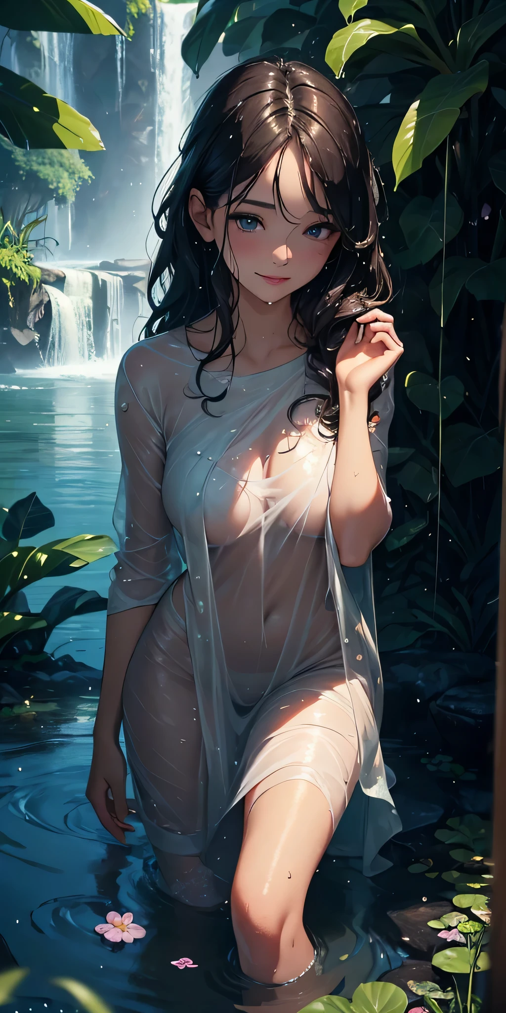 (best quality,4k,8k,highres,masterpiece:1.2),ultra-detailed,(realistic,photorealistic,photo-realistic:1.37),beautiful detailed eyes,beautiful detailed lips,extremely detailed eyes and face,longeyelashes,wet hair,wet clothes,wet skin,wet environment,wavy hair,shimmering water droplets,fresh dew on the leaves,soft natural light,subtle reflections on the wet surface,submerged flowers and plants,drizzling rain in the background,serene expression,radiant smile,relaxed pose,freshness and vitality,gentle breeze,moisture-rich atmosphere,subtle color variations in the rain,refreshing ambiance,inviting sensation,lush greenery,rich texture,drenched beauty,ocean mist in the air