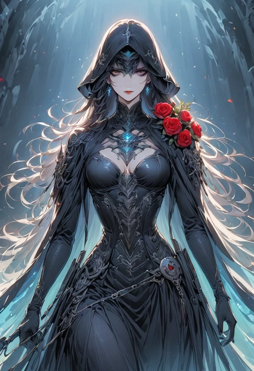 Alafd image,One was wearing a black robe、Girl holding red roses, the grim Reaper, grim Reaper, Beautiful female grimm Reaper, reaper as a scary, portrait of grim Reaper, reaper in overwatch, A harbinger of death, punk grim Reaper, reminded me of the grim Reaper, reaper, grim Reaper