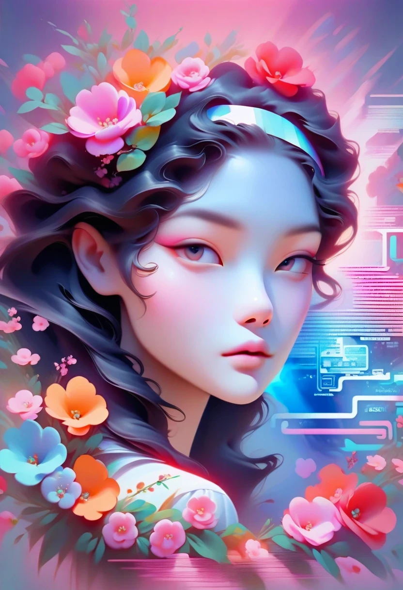 Close-up of person wearing headband, The art of math inspired by Yanjun Cheng, Douban, The art of math, Vibrant fan art, Lofi portrait, guweiz style artwork, new vapor wave, colorful numbers, Internet aesthetics, kpop idol portrait, yanjun chengt, Digital animation illustration, NFT portrait, Digital Cyberpunk Anime Art.