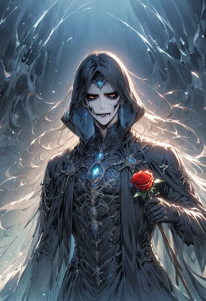 Alafd image，One was wearing a black robe、man holding red rose, the grim Reaper, grim Reaper, Beautiful male grim Reaper, reaper as a scary, portrait of grim Reaper, reaper in overwatch, A harbinger of death, punk grim Reaper, reminded me of the grim Reaper, reaper, grim Reaper