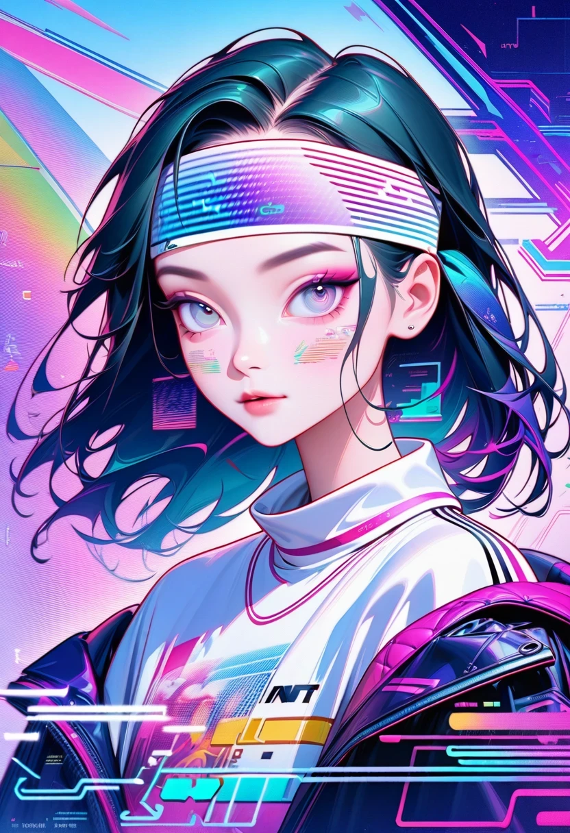 Close-up of person wearing headband, The art of math inspired by Yanjun Cheng, Douban, The art of math, Vibrant fan art, Lofi portrait, guweiz style artwork, new vapor wave, colorful numbers, Internet aesthetics, kpop idol portrait, yanjun chengt, Digital animation illustration, NFT portrait, Digital Cyberpunk Anime Art.