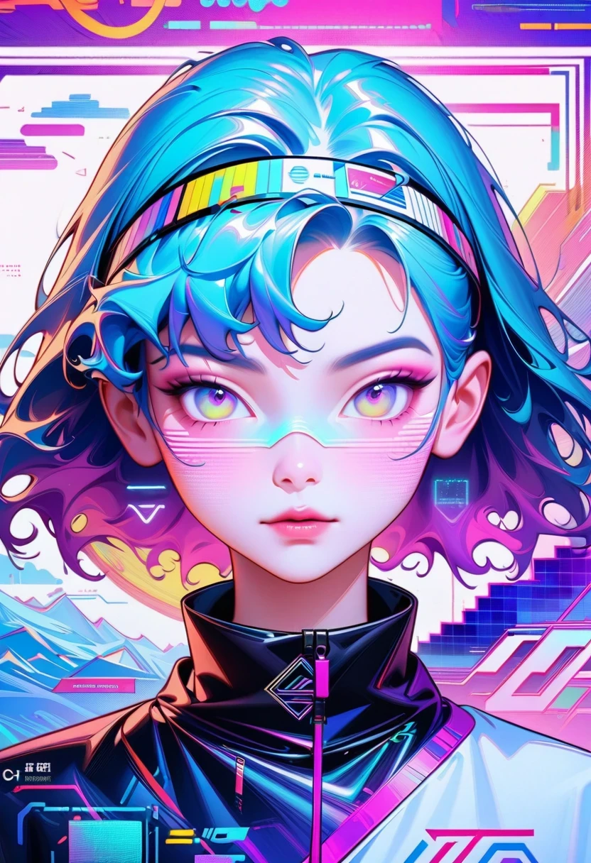 Close-up of person wearing headband, The art of math inspired by Yanjun Cheng, Douban, The art of math, Vibrant fan art, Lofi portrait, guweiz style artwork, new vapor wave, colorful numbers, Internet aesthetics, kpop idol portrait, yanjun chengt, Digital animation illustration, NFT portrait, Digital Cyberpunk Anime Art.