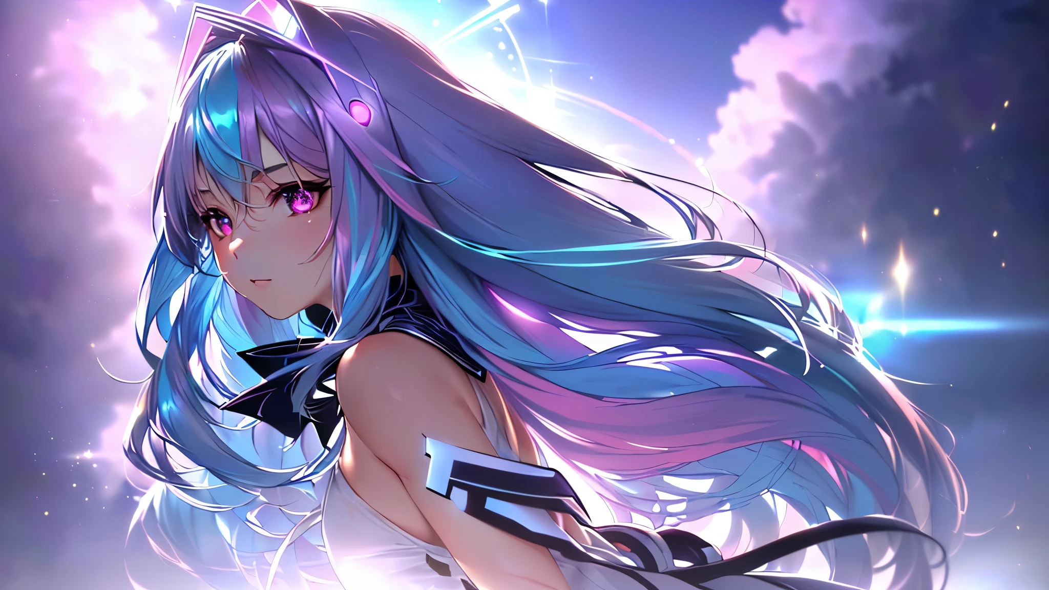 1 girl, 20 year old girl, one person, (Silver blue hair streaked pink purple:1.4), (Gradient sky blue hair ends:1.6), hair strand, absurdly long hair, single sidelock, wavy hair, shiny hair, floating hair, (Illusion deep purple eyes), delicate eyes, aqua eyes, High like real eyes, ((glowing eyes)), makeup, Focus on face, Very detailed facial, hot body, Random environment, Random pose, on the street, looking at the starry night sky, meteor, Technical clothing masterpiece, White extra long skirt, several cross stars beside, Colored lights swirl around the body, (((Extra super huge colorful extra super complex multiple glowing magic circle upright on the back of the head))), cyberpunk, full body shot, realism, chiaroscuro, (glowing light), sparkle, ray tracing, cinematic lighting, Futurism, motion blur, Ultra-Wide Angle, god rays, atmospheric perspective, best quality, UHD, super detail, masterpiece, highres, ccurate, retina