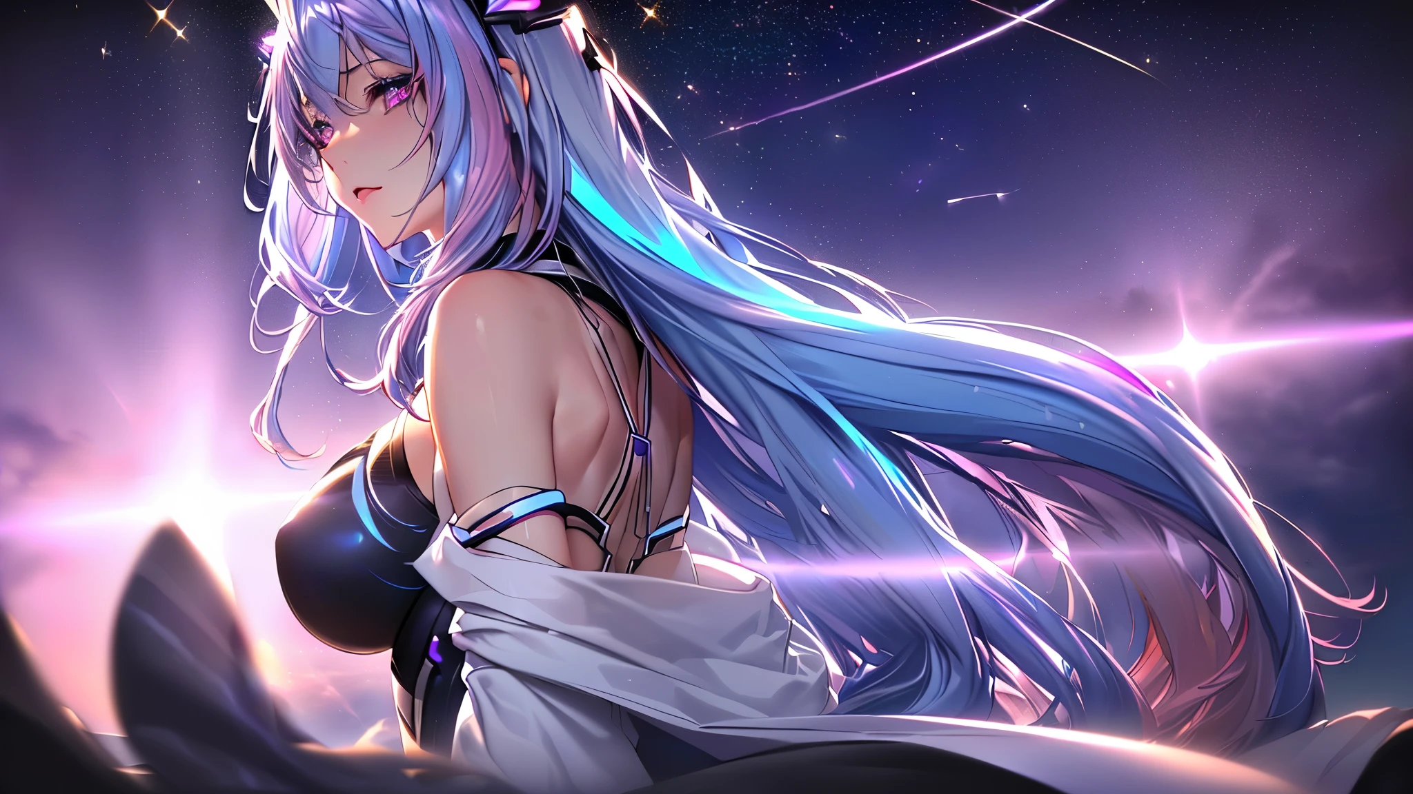 1 girl, (Silver blue hair streaked pink purple:1.2), (Gradient sky blue hair ends:1.4), super long hair, Technical clothing masterpiece, actual, Dark purple jacket, portrait, Illusion deep purple eyes, delicate eyes, wearing headphones, 28 year old girl, wide angle shot, on the street, cyberpunk, Focus on face, Very detailed facial, one person, Big breasts and hot body, Random pose, Random expressions, Standing on the rooftop and looking at the starry night sky, meteor, wavy hair, absurdly long hair, single sidelock, hair strand, aqua eyes, halo, makeup, High like real eyes, shiny hair, floating hair, front braid, glowing eyes, realism, chiaroscuro, glowing light, sparkle, ray tracing, cinematic lighting, Futurism, motion blur, best quality, UHD, super detail, masterpiece, highres, ccurate