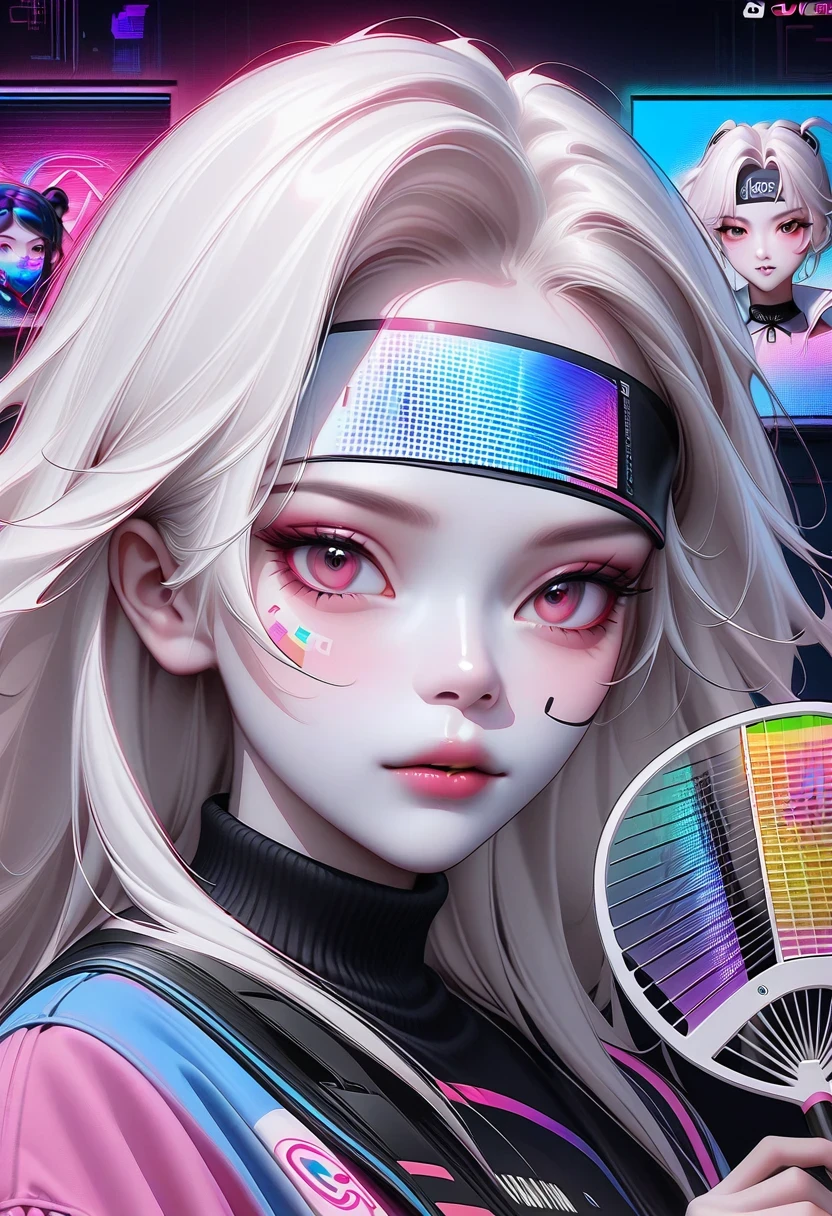 Close-up of person wearing headband, The art of math inspired by Yanjun Cheng, Douban, The art of math, Vibrant fan art, Lofi portrait, guweiz style artwork, new vapor wave, colorful numbers, Internet aesthetics, kpop idol portrait, yanjun chengt, Digital animation illustration, NFT portrait, Digital Cyberpunk Anime Art.