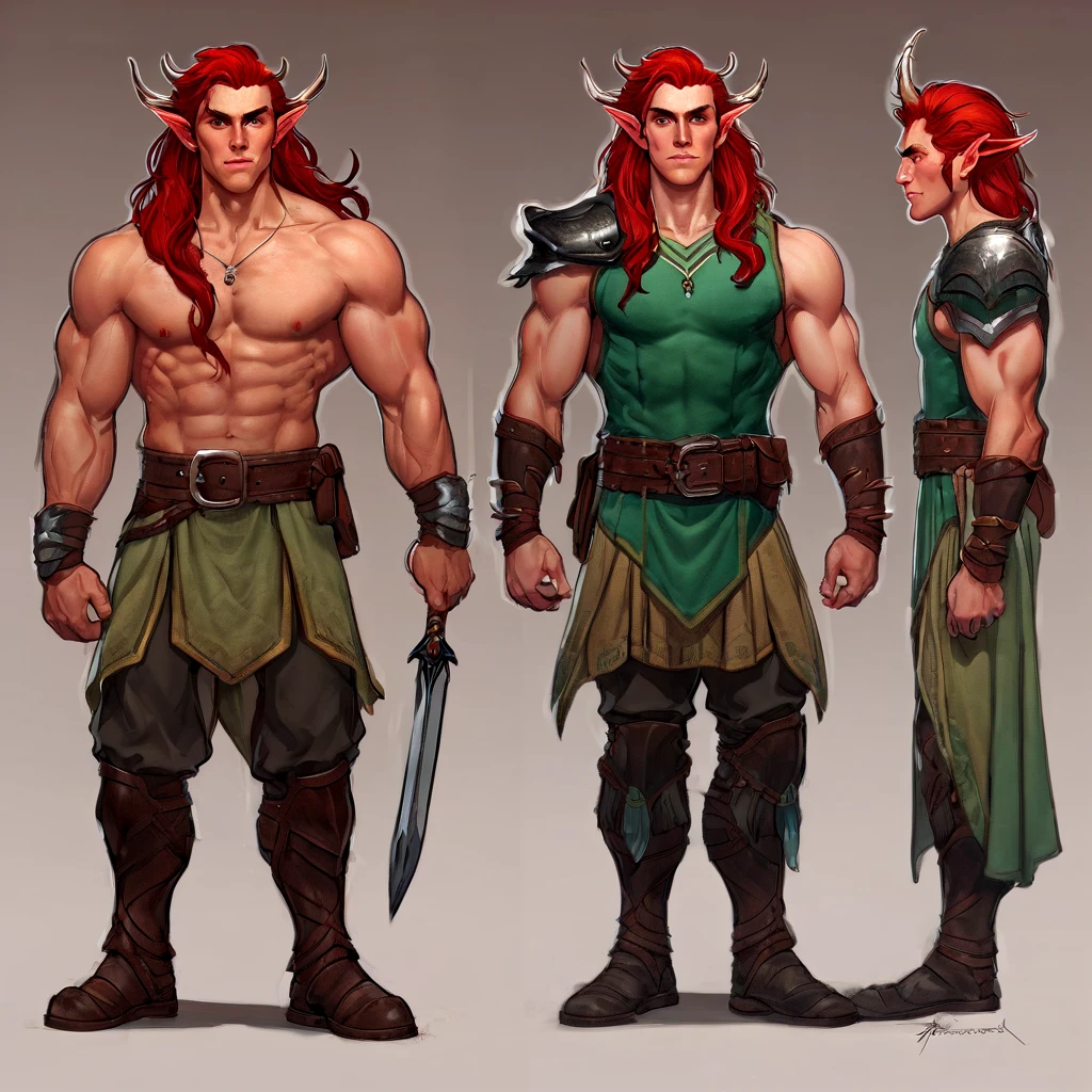 Dungeons & Dragons, aesthetic, dungeons and dragons, Character design sheet of male half elf horned warrior, bodybuilder physique, red hair, 4k, concept art, in nets of thorns, extreme detail, detailed drawing, trending artstation, hd, sport, d & d, realistic lighting, by Alphonse Mucha, Greg Rutkowski, sharp focus, backlit, soldier clothing
