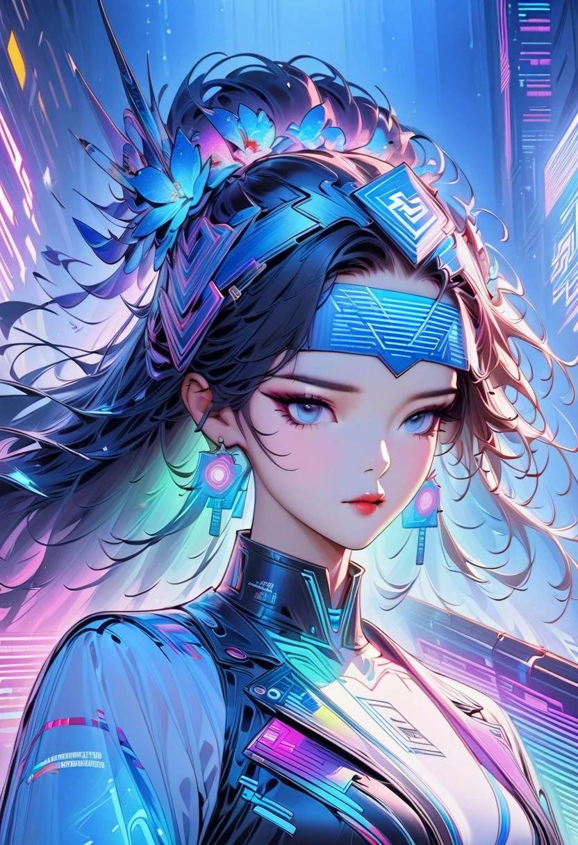 Close-up of person wearing headband, The art of math inspired by Yanjun Cheng, Douban, The art of math, Vibrant fan art, Lofi portrait, guweiz style artwork, new vapor wave, colorful numbers, Internet aesthetics, kpop idol portrait, yanjun chengt, Digital animation illustration, NFT portrait, Digital Cyberpunk Anime Art.