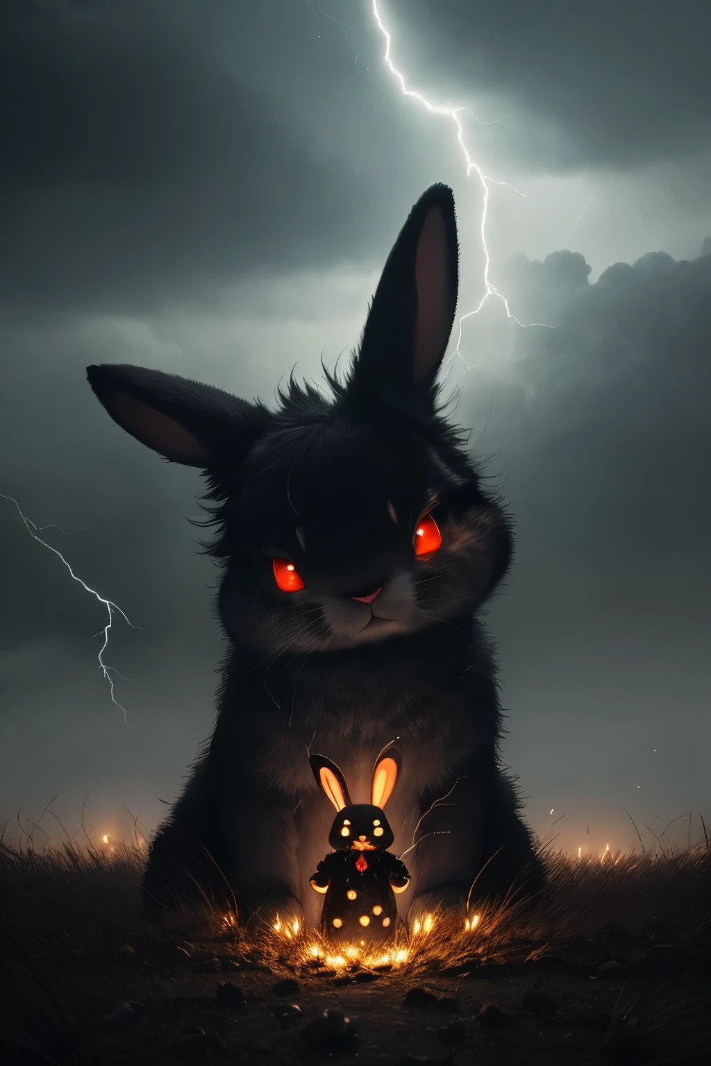 An ominous figure of an Easter bunny looms in the darkness, its once vibrant and fluffy features now twisted and menacing. Its eyes glow an evil red, and its teeth are as sharp as razors. In its claws, it holds cracked and empty Easter eggs, their bright colors faded and broken. The scene is set against a backdrop of a stormy sky, filled with cracks of lightning and rolls of thunder. The ground beneath the bunny is dotted with the remnants of once sacred crosses. One such cross lies broken and bloody, its crossbeam made of human bones and topped with a decayed skull. The image exudes a sense of fear, despair,