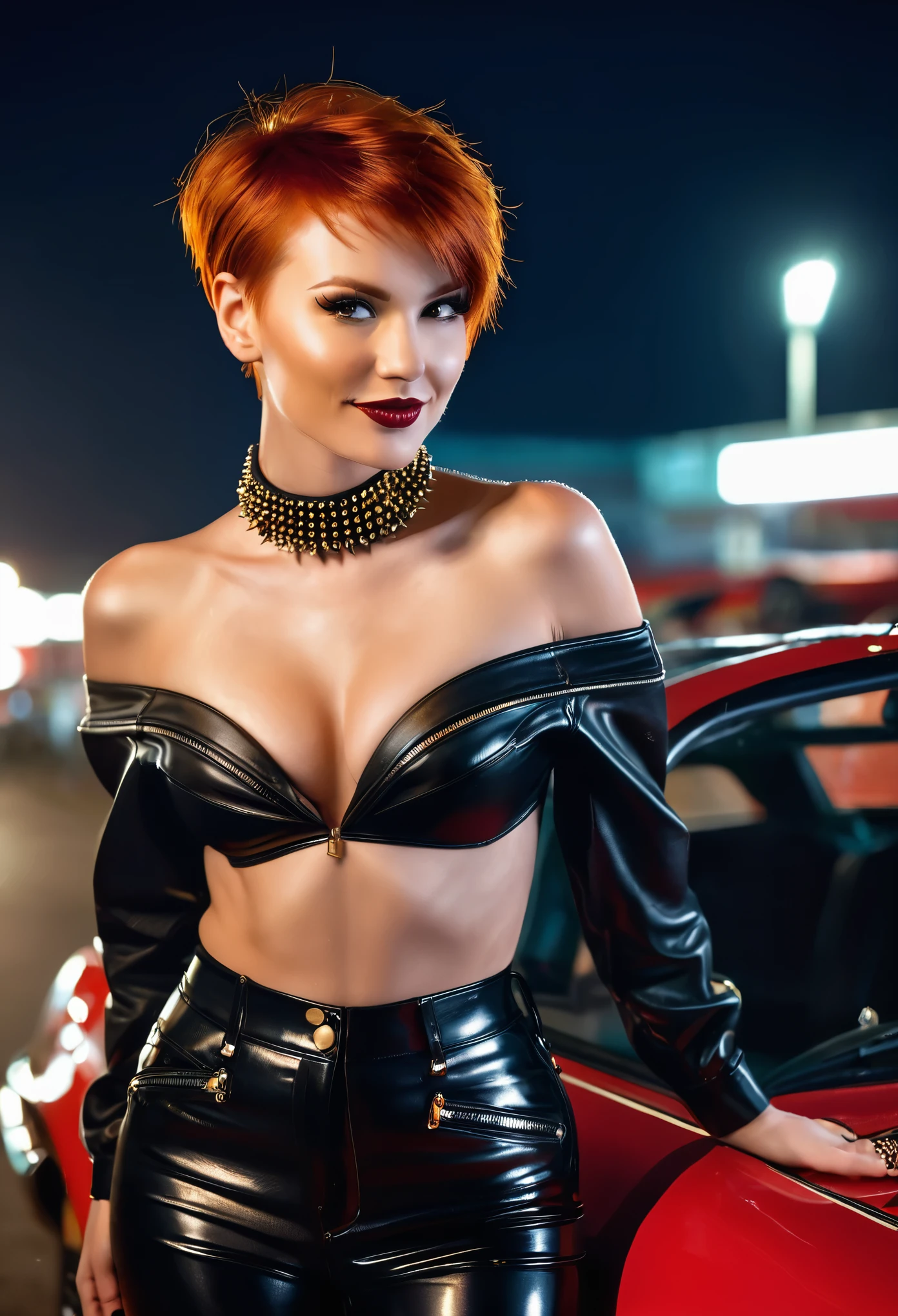a lascivious young lady with long, short red pixie-haircut. highly detailed face. provocative smile, provocative posing. athletic body. amazing bosom. short tight black leather-pants. gold-coloured off shoulder rubber top. shiny. black spiked collar. posing in front of racing-car. night. moonlight. extravagant make-up. she is very lascivious and seductive. highly detailed, high quality. foto with Canon EOS 5D Mark IV