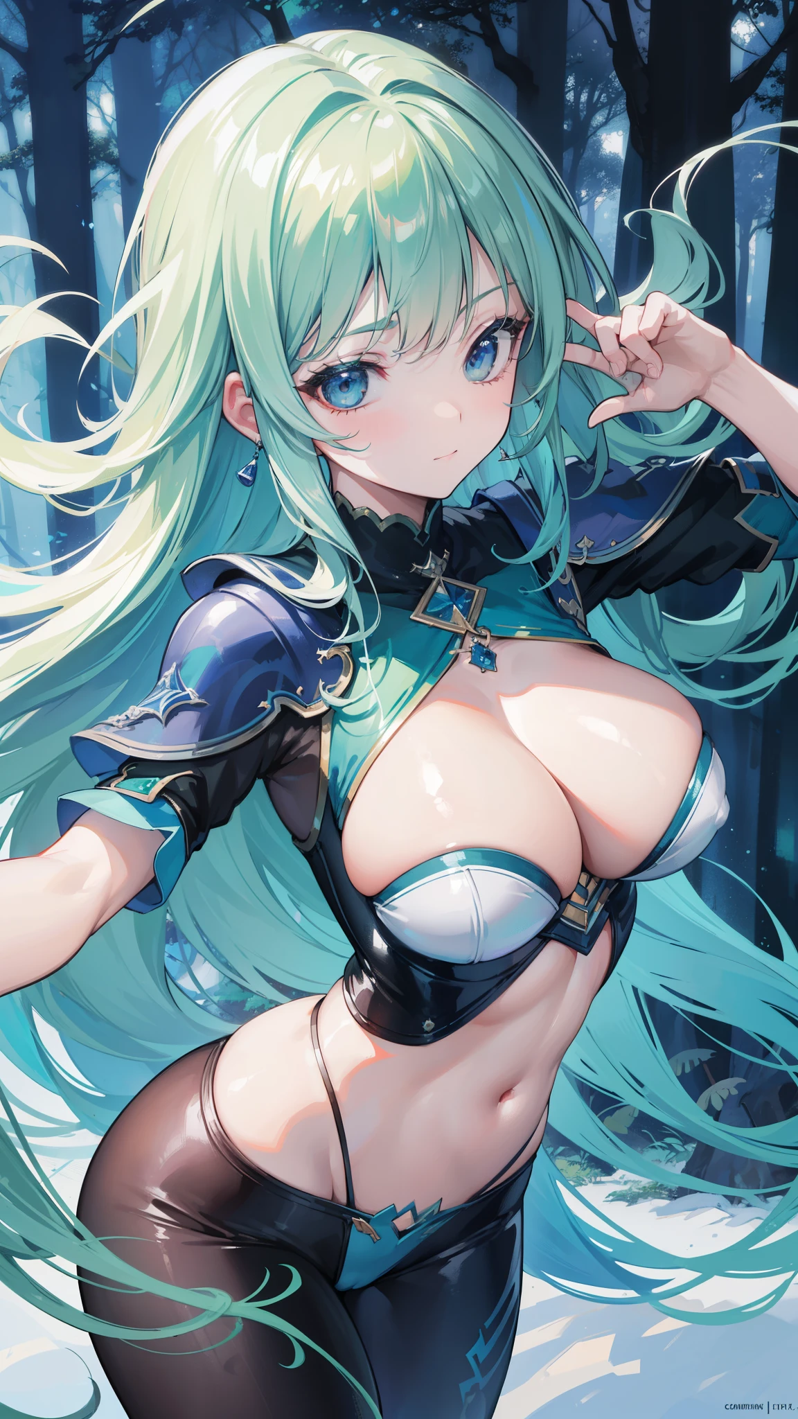 32k, best quality, ultra high res, HDR, UHD, extremely detailed CG, unity 32k wallpaper, happy girl, in the center, looking at camera, approaching perfection, dynamic, (with shades of blue ((forest green 1.5)))), very detailed, digital painting, artステーション, コンセプトart, Smooth, sharp focus, figure, art：Carne Griffith and Vadim Kashin, detailed face, 4k