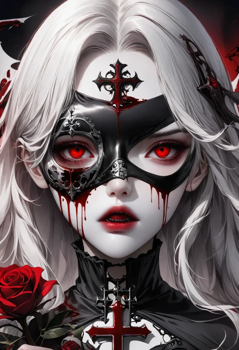 Alafd image，One was wearing a black robe、Girl holding red roses, blood spatter，blood pool，cross，Gothic elements，Beautiful goddess of death, a scary, portrait of death, A harbinger of death, punk ,