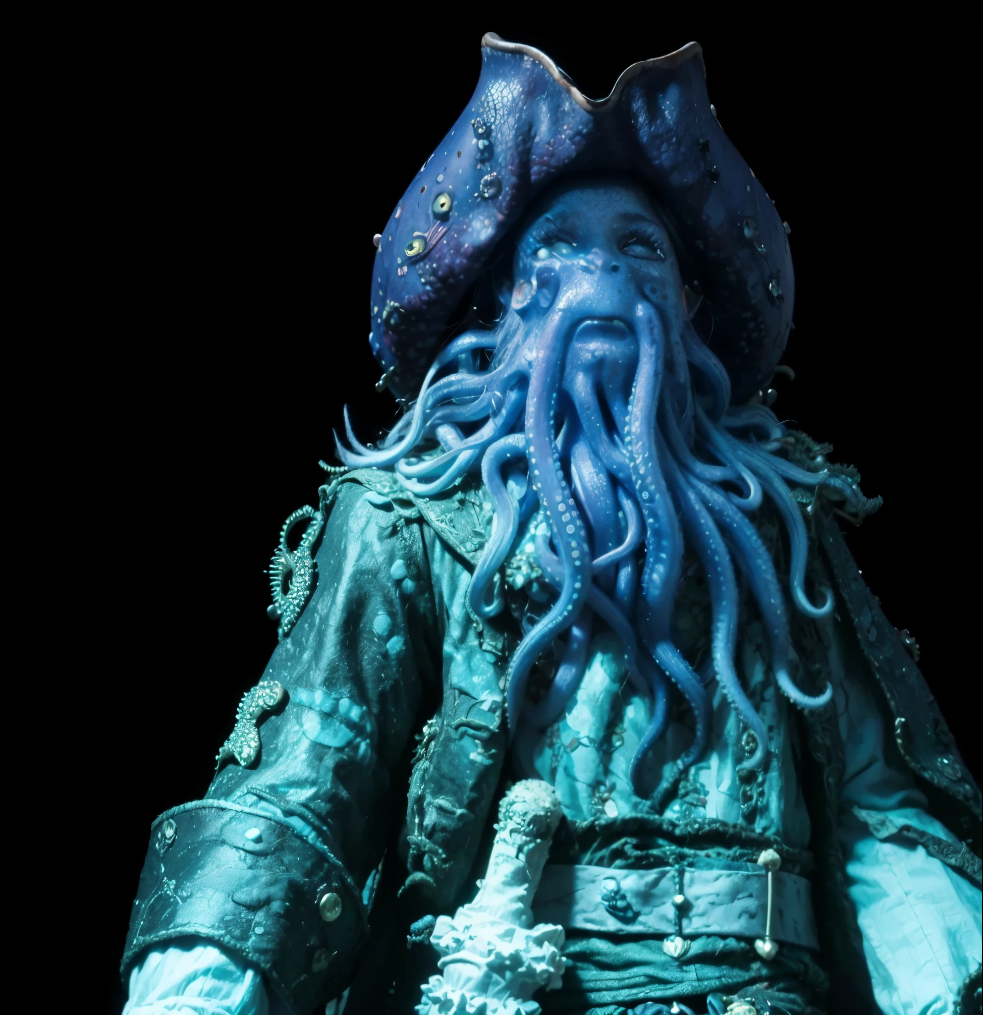 A girl in a garden, (vivid colors, ultra-detailed, professional:1.2), (highres:1.2), sharp focus, studio lighting, inspired by Pirates of the Caribbean, featuring Davy Jones' men with cara de pulpo (octopus face), blue tentacles hanging from their faces. The girl is wearing a silver suit, just like the men. a man, man, man