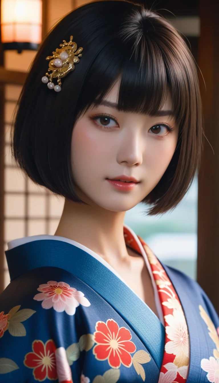 top quality, masterpiece, HD, 1 girl, beautiful and perfect face, bob cut, japanese clothing,kimono, intricate details, Cinematic feel, 8K, Very detailed  