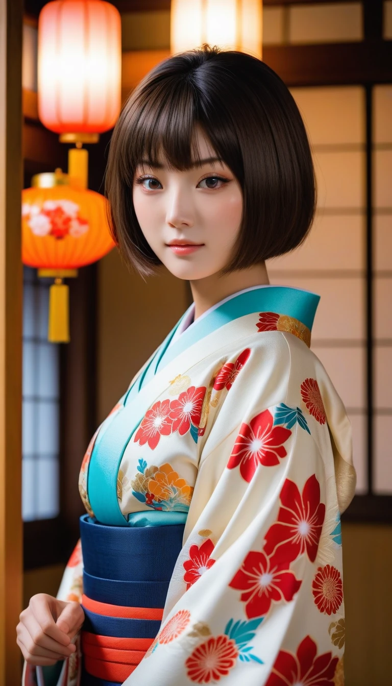 top quality, masterpiece, HD, 1 girl, beautiful and perfect face, bob cut, japanese clothing,kimono, intricate details, Cinematic feel, 8K, Very detailed  