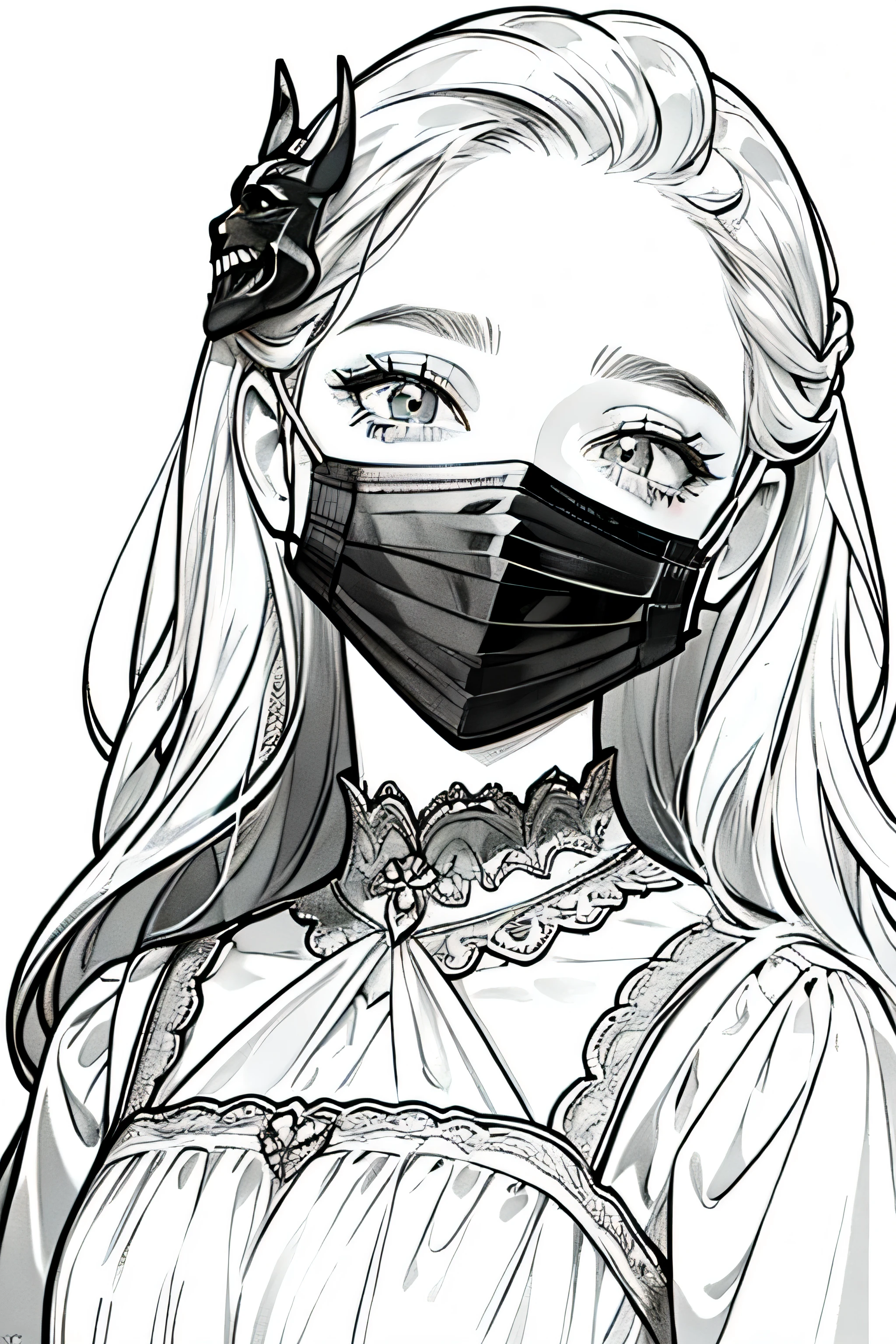 best quality, high resolution, clean background, high contrast, 1 girl, close-up of the head, white background, clean line drawings, vibrant colors, a long gothic dress, a black mask on face, sexy face, sexy look