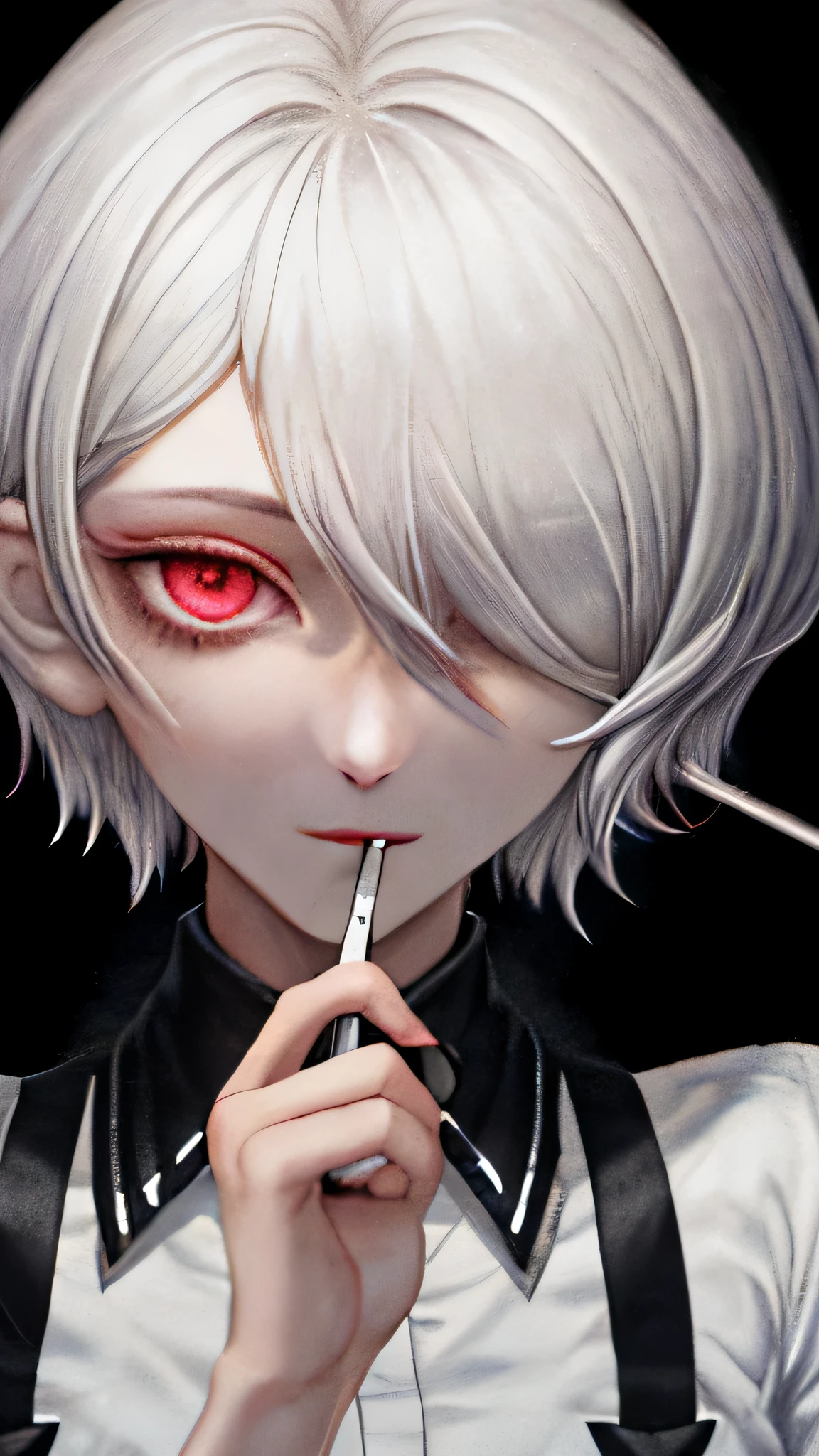 hair covering one eye,short hair,red eyes,soft smile,silver hair,smoke,cigarette in mouth