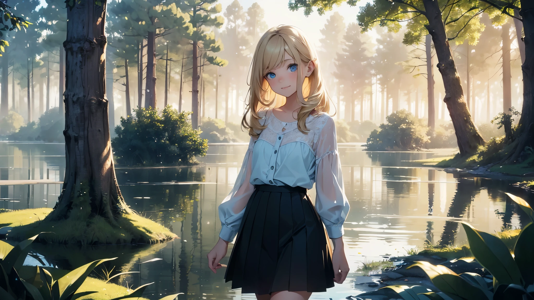 ((masterpiece,best quality,ultra detailed,ultra high res, artificial lake, forest in the distance)), soft realistic focus, Perfect Eyes, dynamic shadows, realistic image, vibrant colors,light leaks,dreamy atmosphere,chiaroscuro,BREAK
experimental charm, The girl is depicted in full growth, girl 10 years old, thin and tall, you see the girl from head to toe, nostalgic appeal, country girlfriend, she take you with yourself, skirt and short blouse, soft mischievous smile, freckles, blonde hair, slightly leaning forward, flashback of memories, blonde, holding your hand
