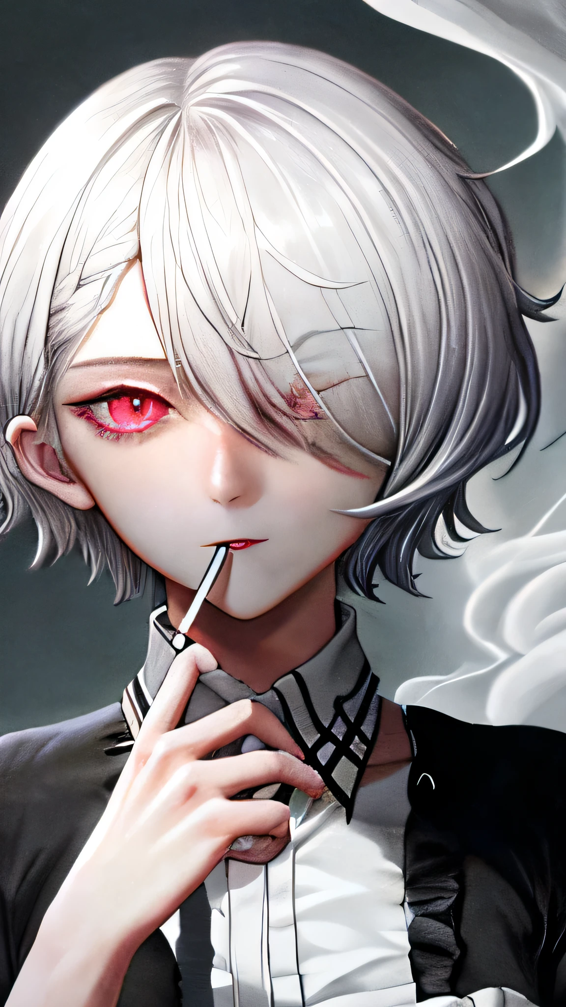 hair covering one eye,short hair,red eyes,soft smile,silver hair,smoke,hand hold cigarette