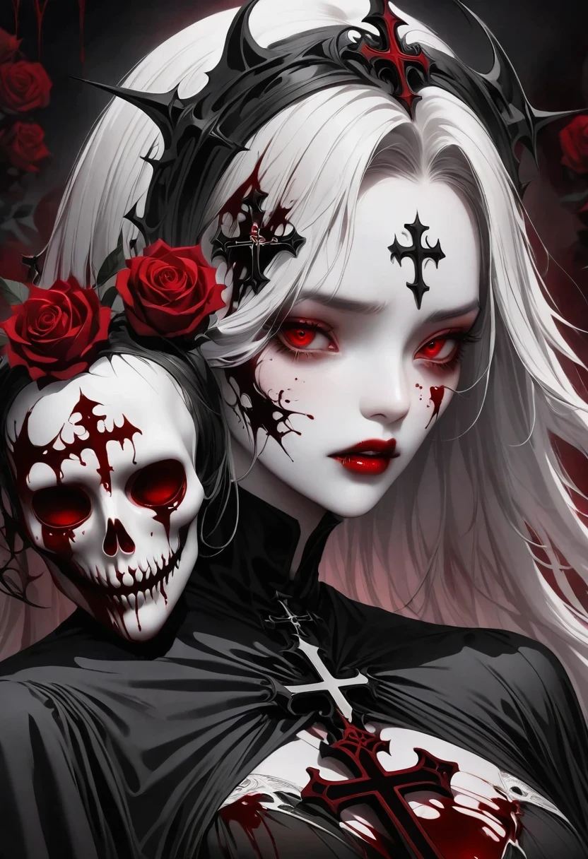 Alafd image，One was wearing a black robe、Girl holding red roses, blood spatter，blood pool，cross，Gothic elements，Beautiful goddess of death, a scary, portrait of death, A harbinger of death, punk ,