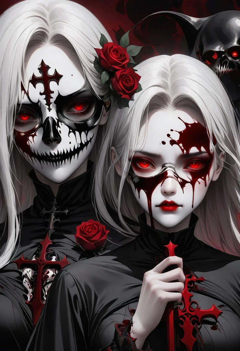 Alafd image，One was wearing a black robe、Girl holding red roses, blood spatter，blood pool，cross，Gothic elements，Beautiful goddess of death, a scary, portrait of death, A harbinger of death, punk ,