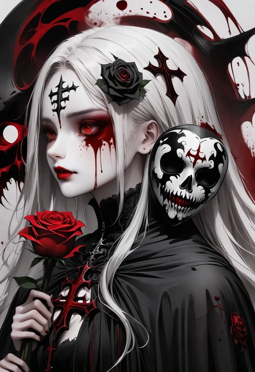 Alafd image，One was wearing a black robe、Girl holding red roses, blood spatter，blood pool，cross，Gothic elements，Beautiful goddess of death, a scary, portrait of death, A harbinger of death, punk ,