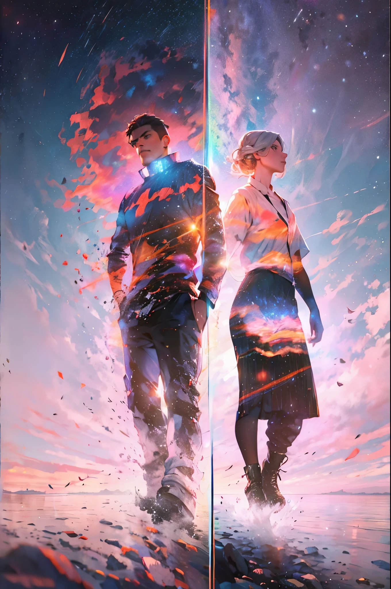 doble contacto,Oliver Morris Double Exposure Photography Style,silueta de pareja,escote de primer plano,planeta brillante,vistoso,vibrante con colores,a true,fotorrealista,k hd,8k resolution,obra maestra
