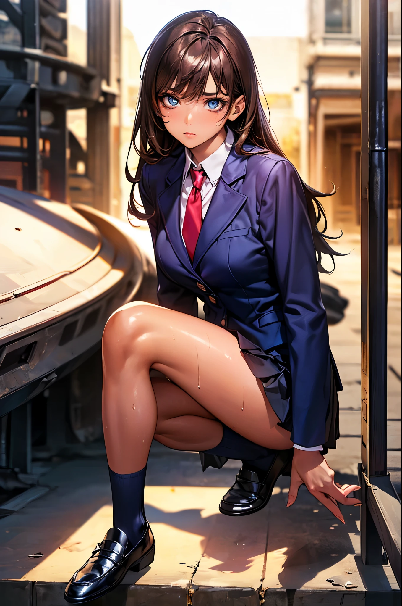 ((perfect anatomy,realistic:1.3,RAW Photography:1.3,masterpiece、highest quality、Ultra - High resolution、High resolution、Highly detailed CG、8K)),whole body,1 female,solo,18 year old beauty, Japanese、((beautiful detailed face and eyes:1.2,big gorgeous eyes:1.2)),dark brown hair,long hair,bangs,medium breasts,slender body,small head:1.4,skinny,(brown skin:1.5,oily skin,gleaming skin,shiny skin,sweat),(School uniform、navy blue blazer、red tie、pleated navy mini skirt、navy blue socks、Black Loafer Shoes),dark warehouse、