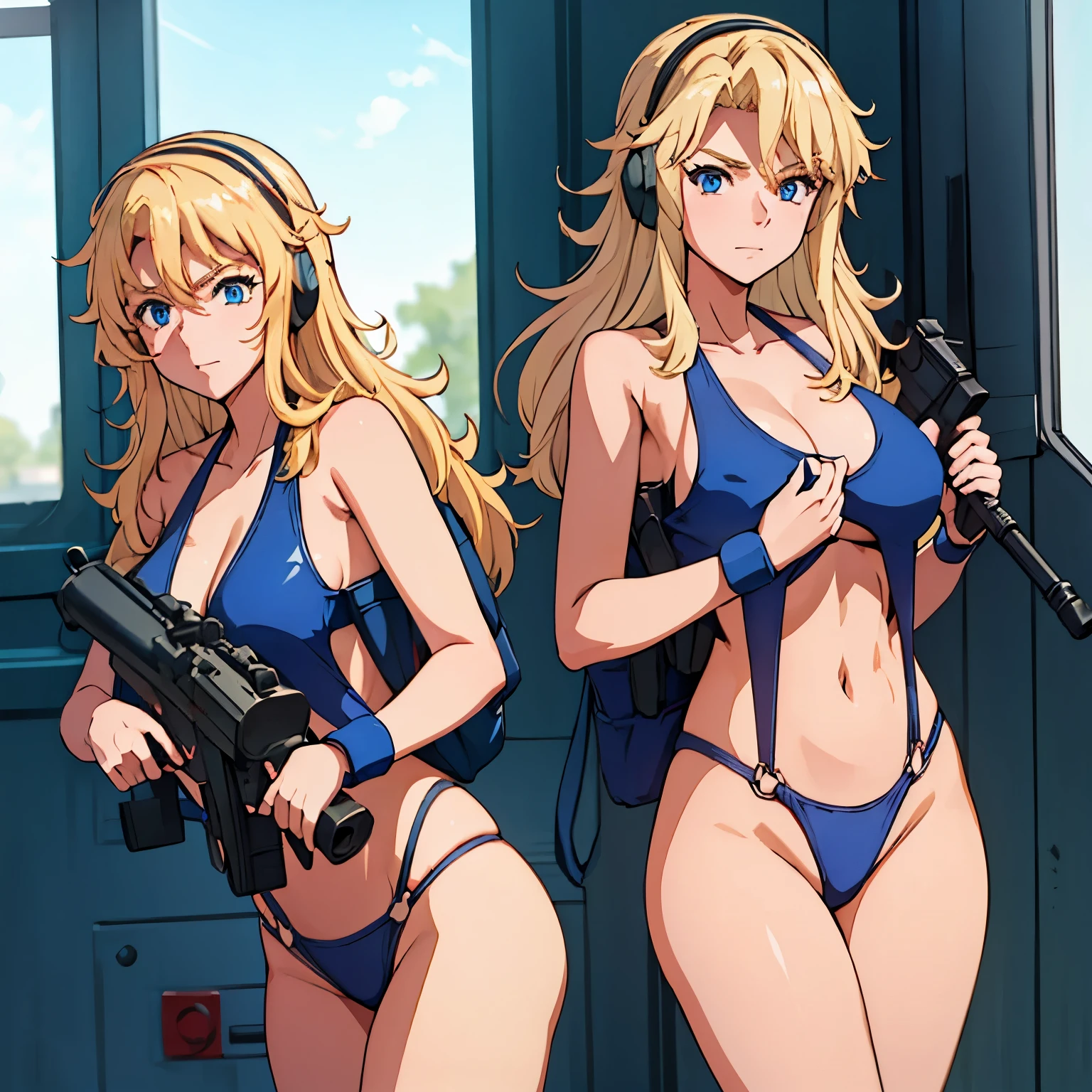 Imperial Guard Combat Uniform Swimsuit, o-ring bikini, v gundam, swimsuit, absurdres, highres, solo, cowboy shot, 1girl, neneka nibrou \(cosplay\), wristband, headphone, holster, backpack, holding gun, aiming, perfect hands, wind, huge breast, large breast, EVANGELINE_BURTON_BIRDIEWINGGOLFGIRLSSTORY, BLONDE_HAIR, LONG_HAIR, BLUE_EYES